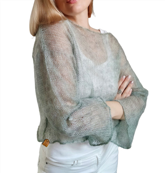 Sage Green Mohair Silk Sweater: Lightweight Bell Sleeve Top, XS-S-M