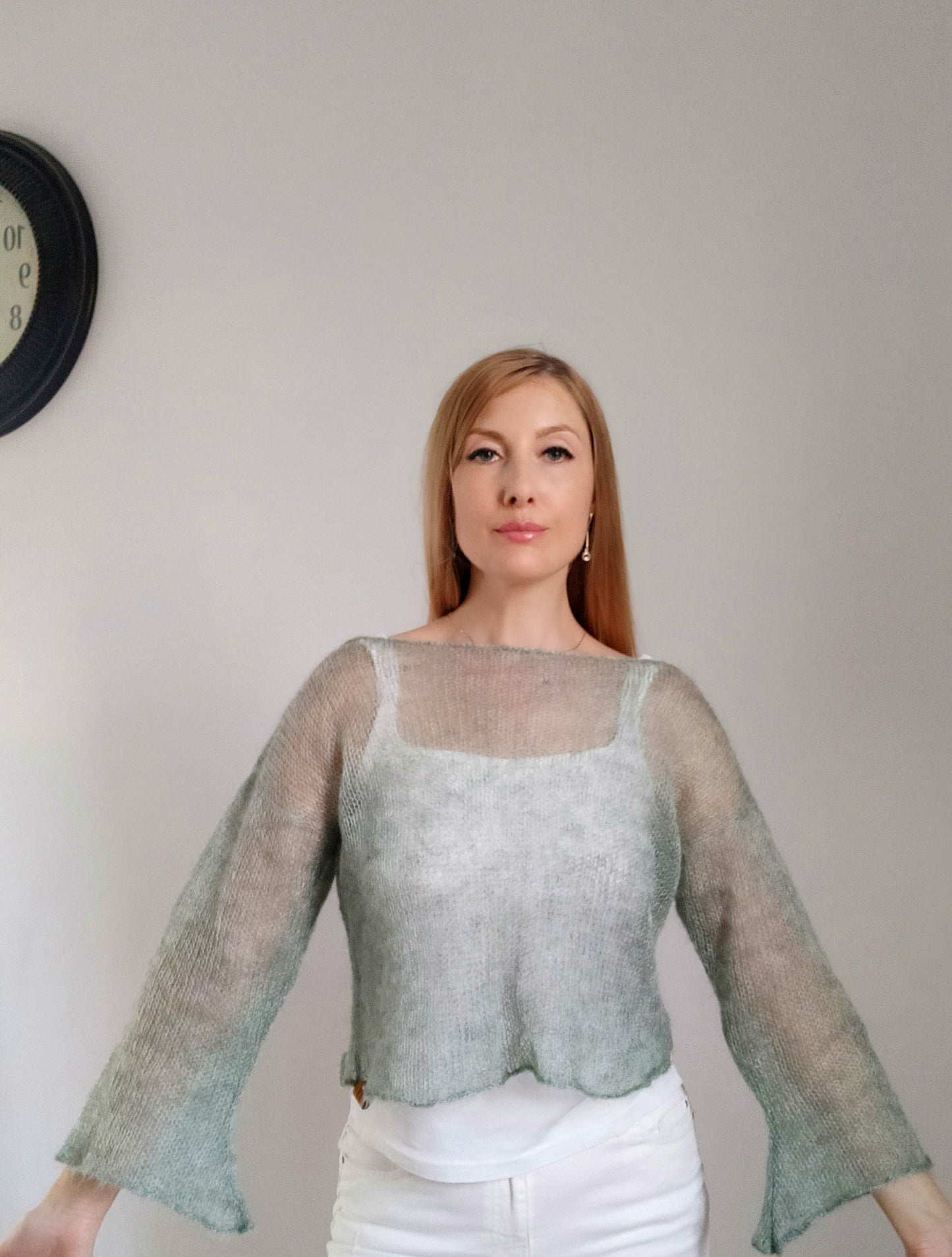 Sage Green Mohair Silk Sweater: Lightweight Bell Sleeve Top, XS-S-M