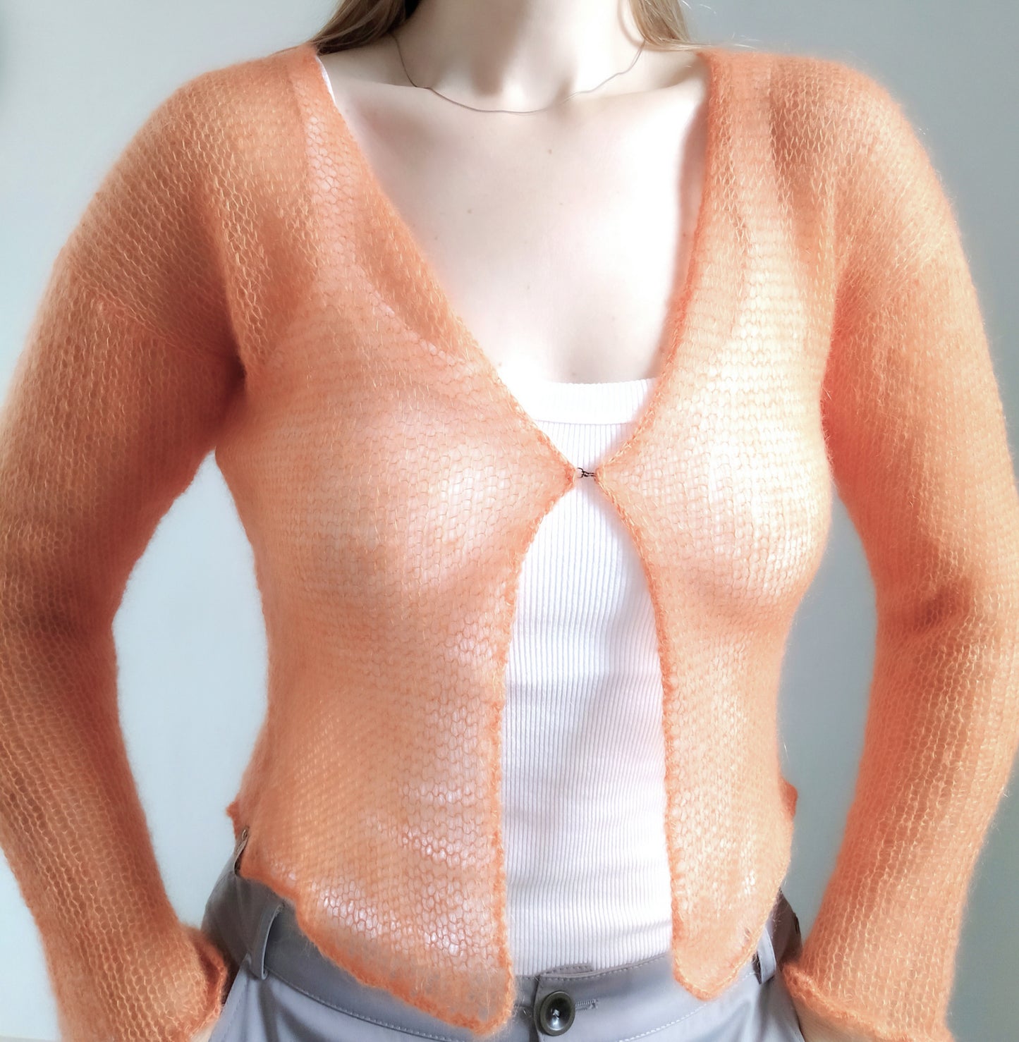 Made To Order Orange Mohair Silk Cardigan: Lightweight Knit Sweater, XS-S-M