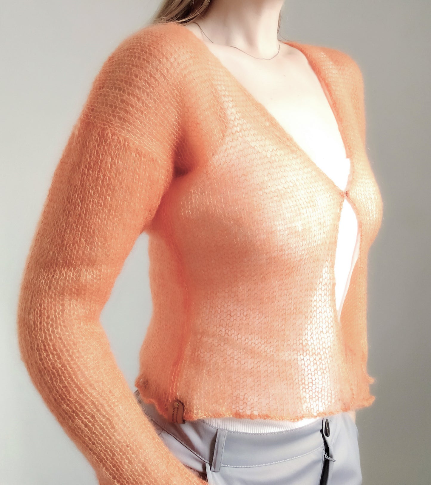 Made To Order Orange Mohair Silk Cardigan: Lightweight Knit Sweater, XS-S-M