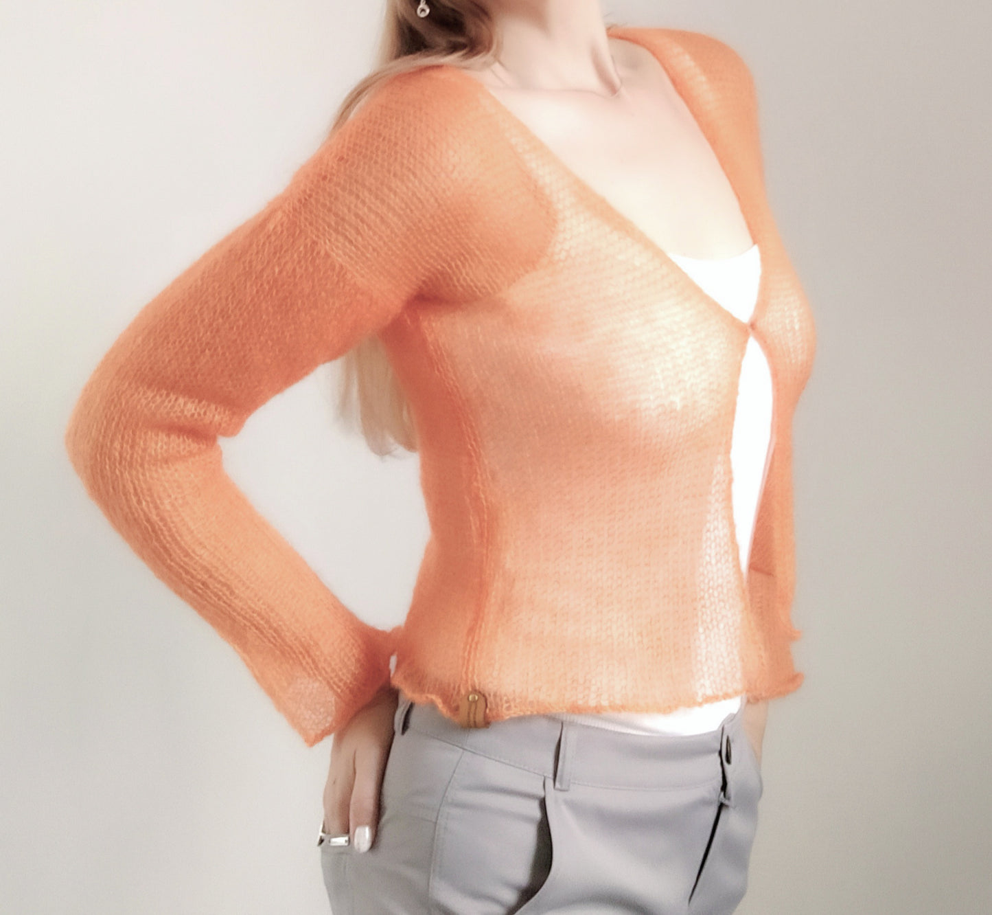 Made To Order Orange Mohair Silk Cardigan: Lightweight Knit Sweater, XS-S-M