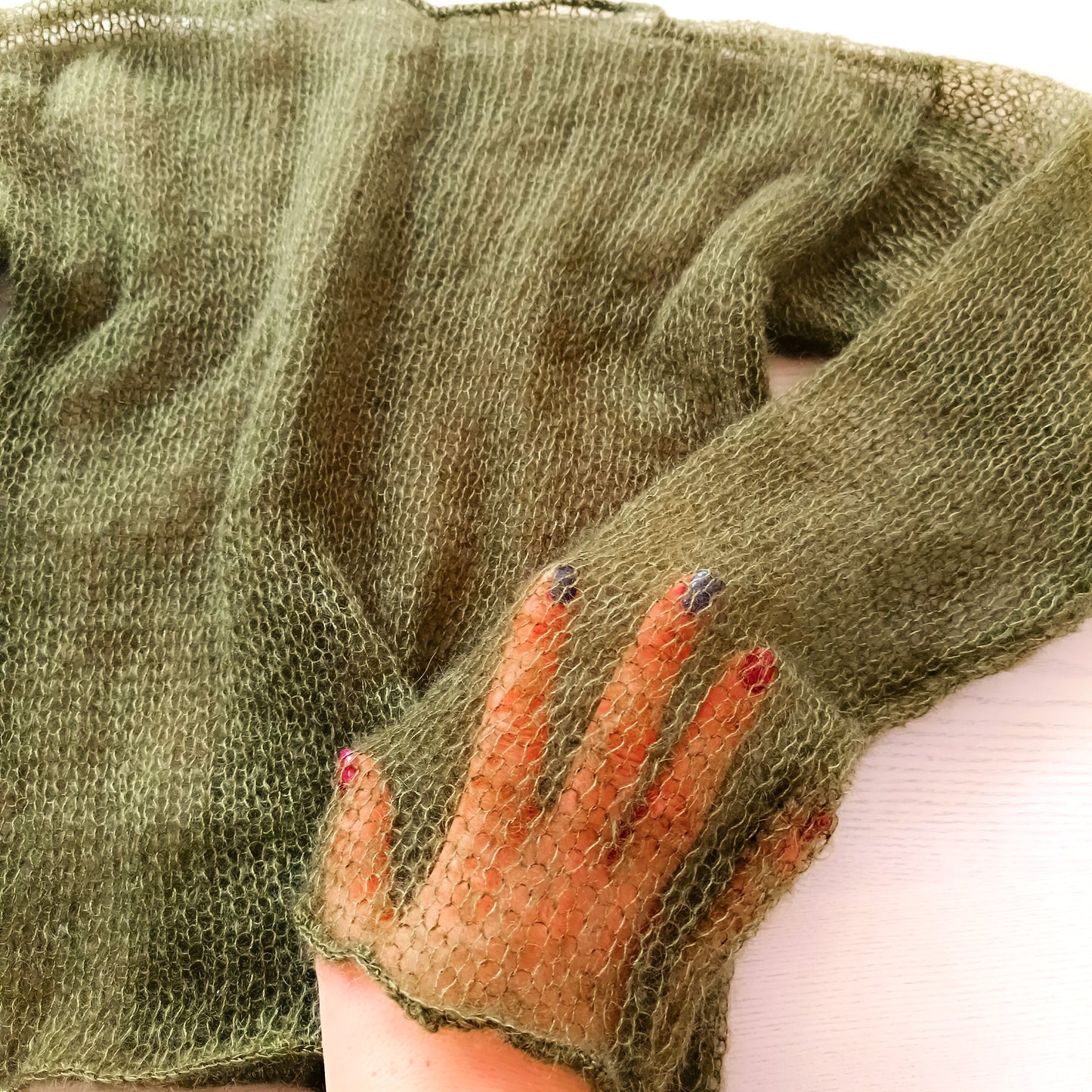 Made to Order Dark Olive Green Mohair Silk Sweater: Sheer Knit Top XS-S-M-L