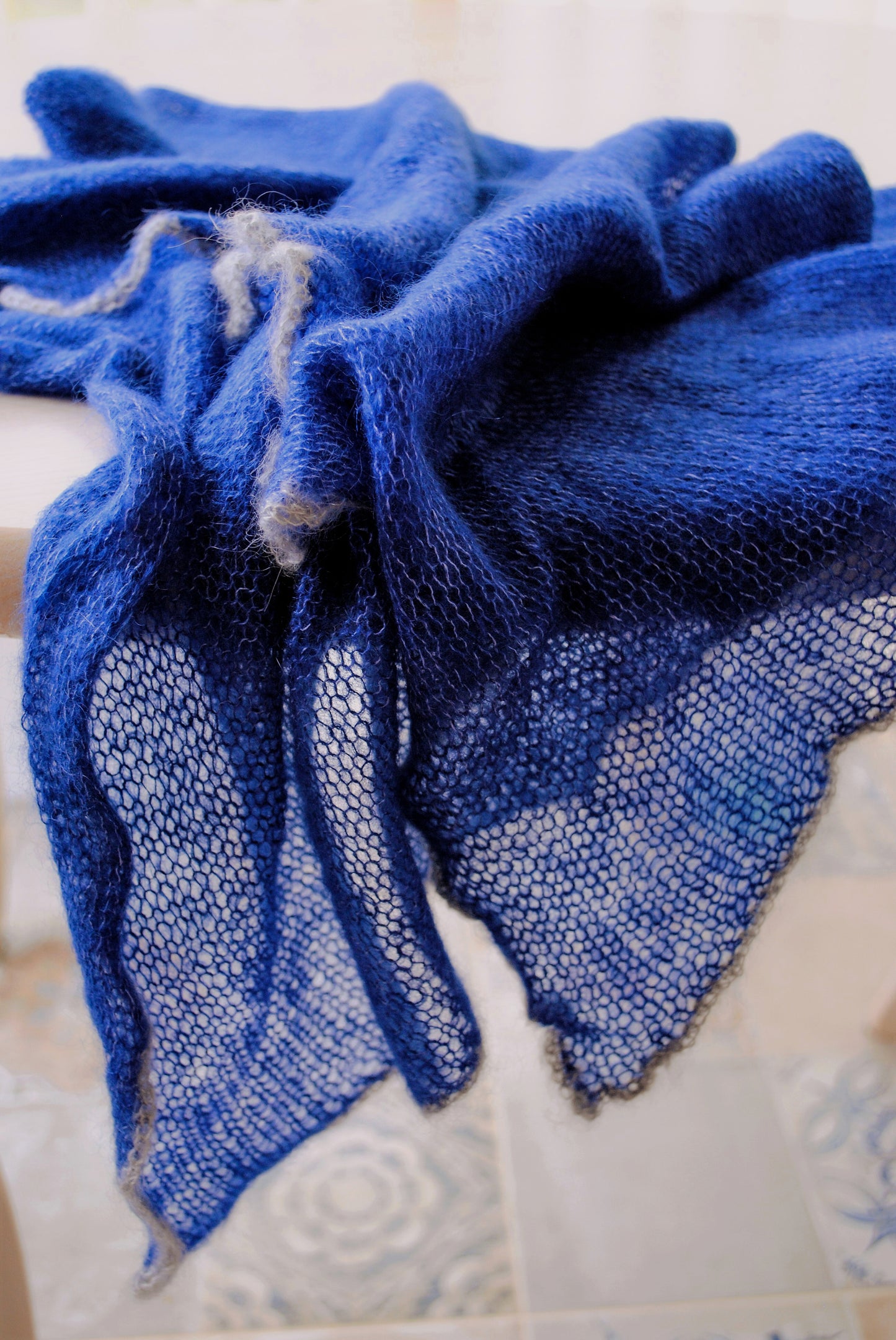 Blue Mohair Short Shawl: Lightweight, Non-Itchy, Gray Edge