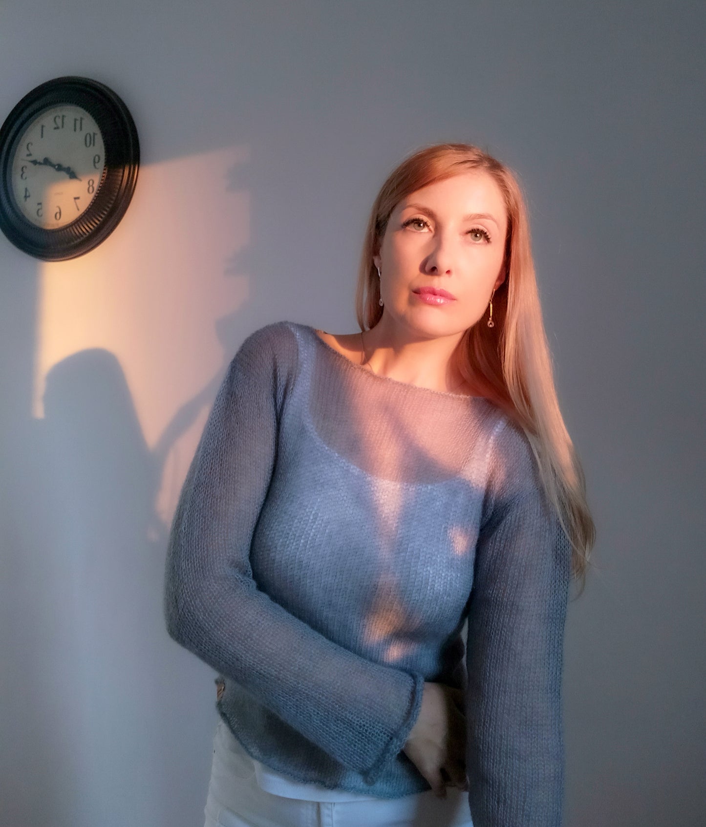 Grey Mohair Silk Sweater: Fitted Lightweight Knit Top XS-S-M