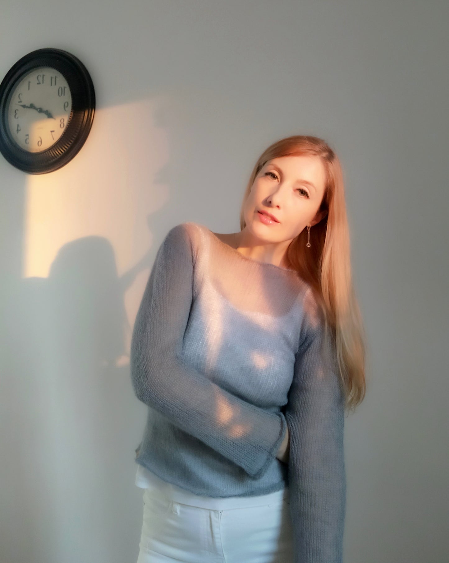 Grey Mohair Silk Sweater: Fitted Lightweight Knit Top XS-S-M