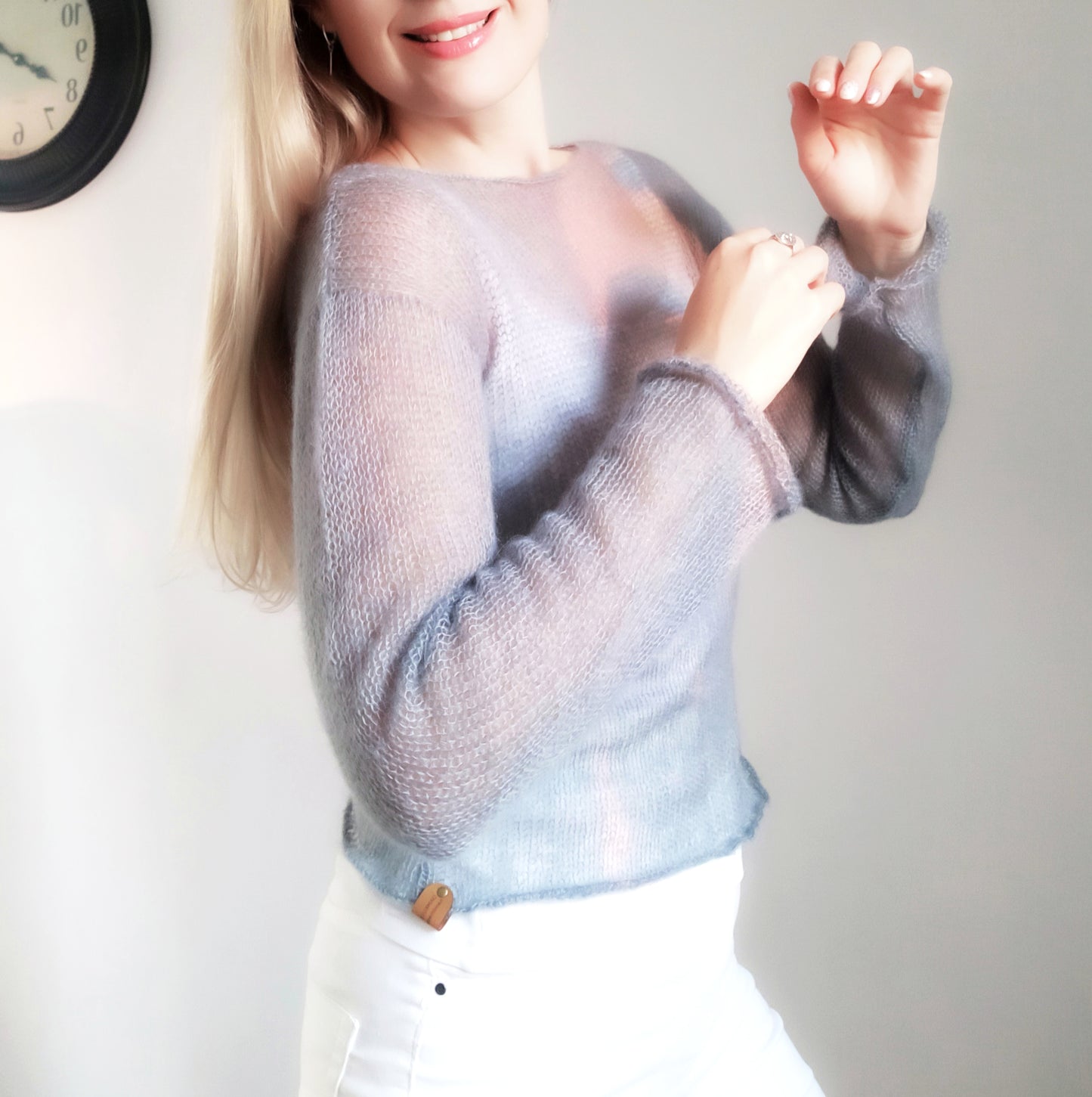 Grey Mohair Silk Sweater: Fitted Lightweight Knit Top XS-S-M