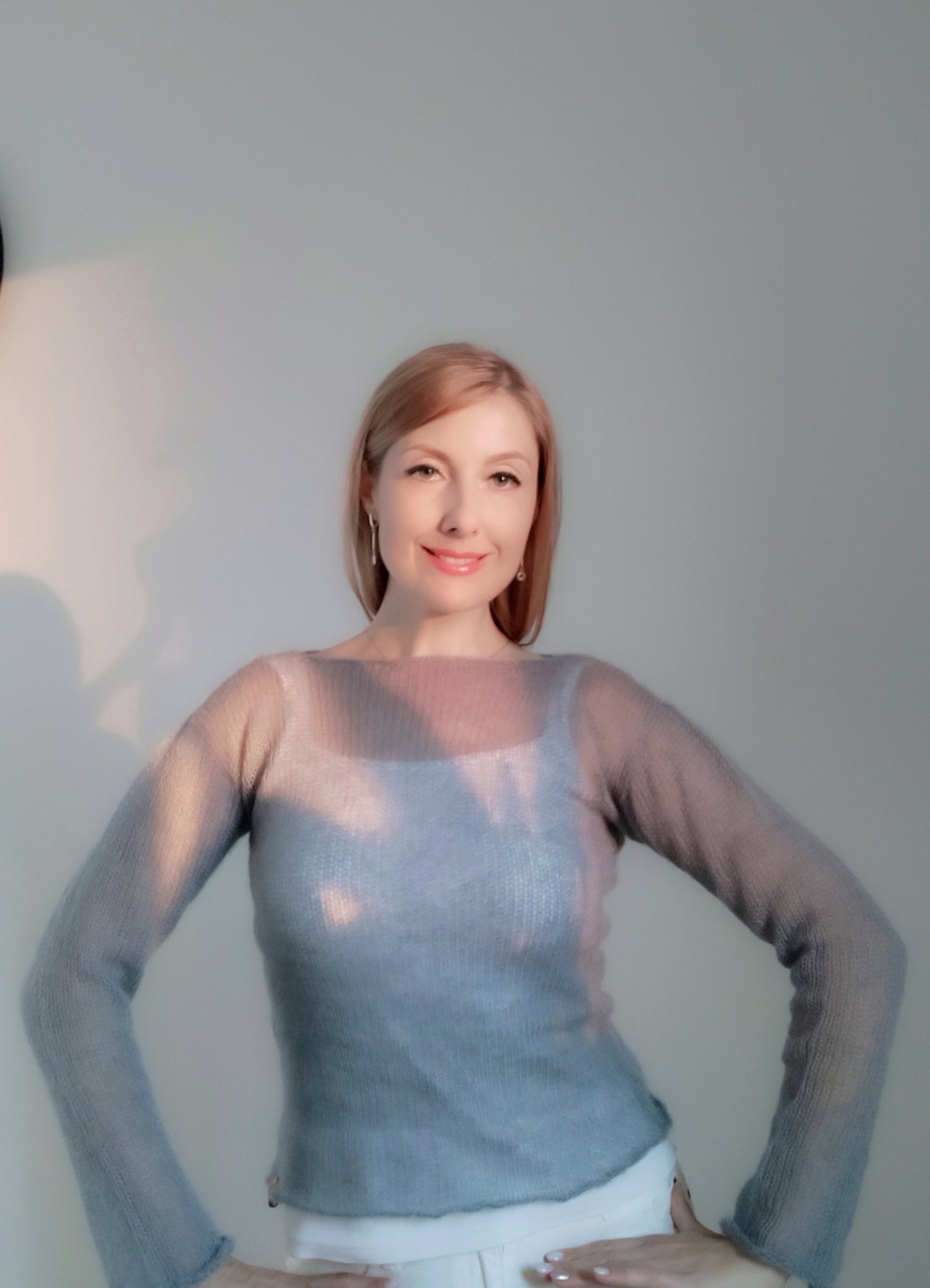 Grey Mohair Silk Sweater: Fitted Lightweight Knit Top XS-S-M