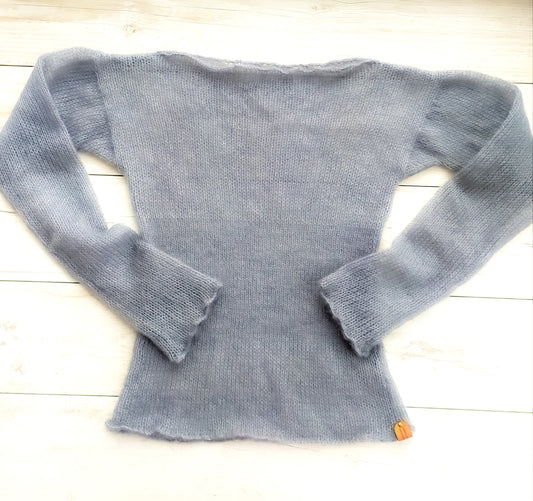 Grey Mohair Silk Sweater: Fitted Lightweight Knit Top XS-S-M