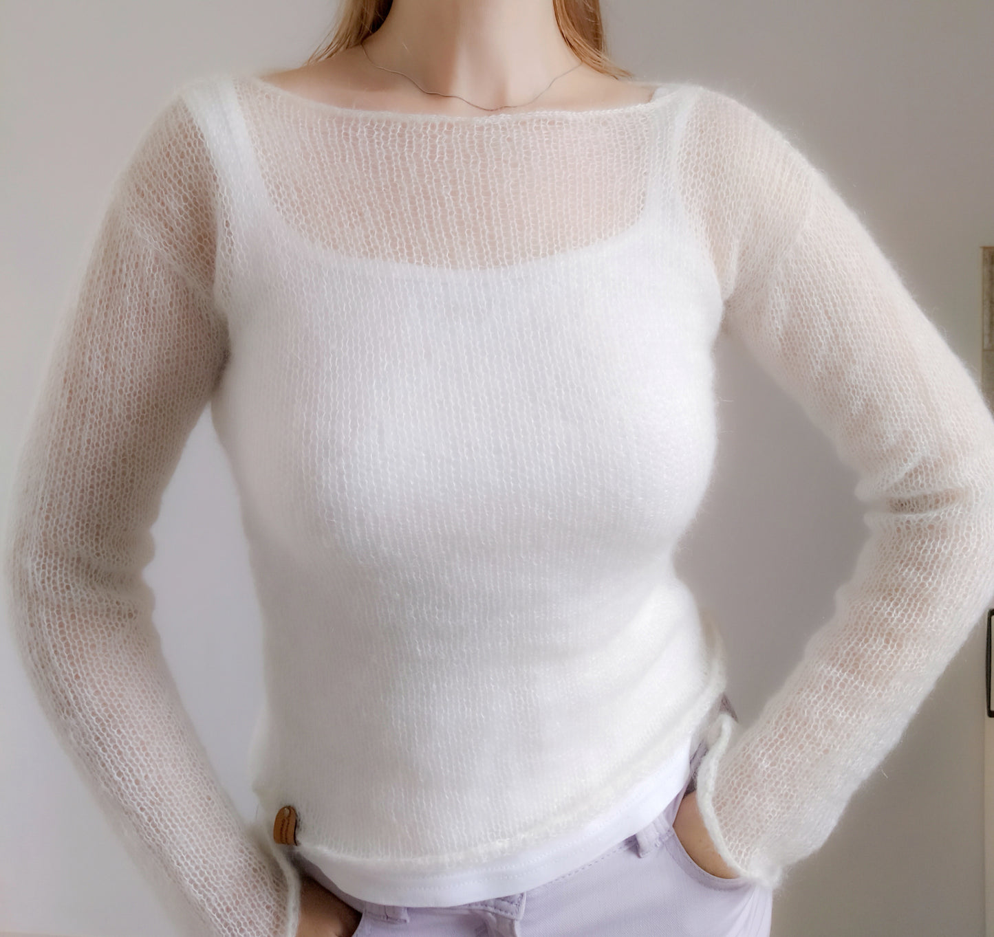 Made To Order White Mohair Silk Sweater: Fitted Lightweight Knit Top XS-S-M