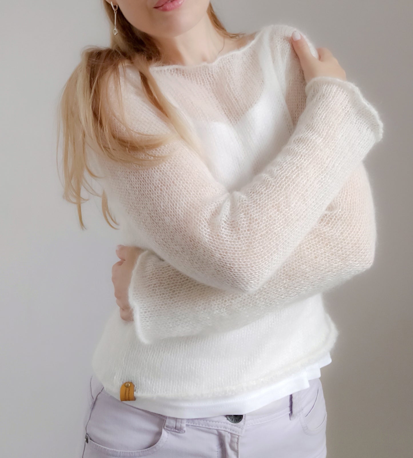 Made To Order White Mohair Silk Sweater: Fitted Lightweight Knit Top XS-S-M