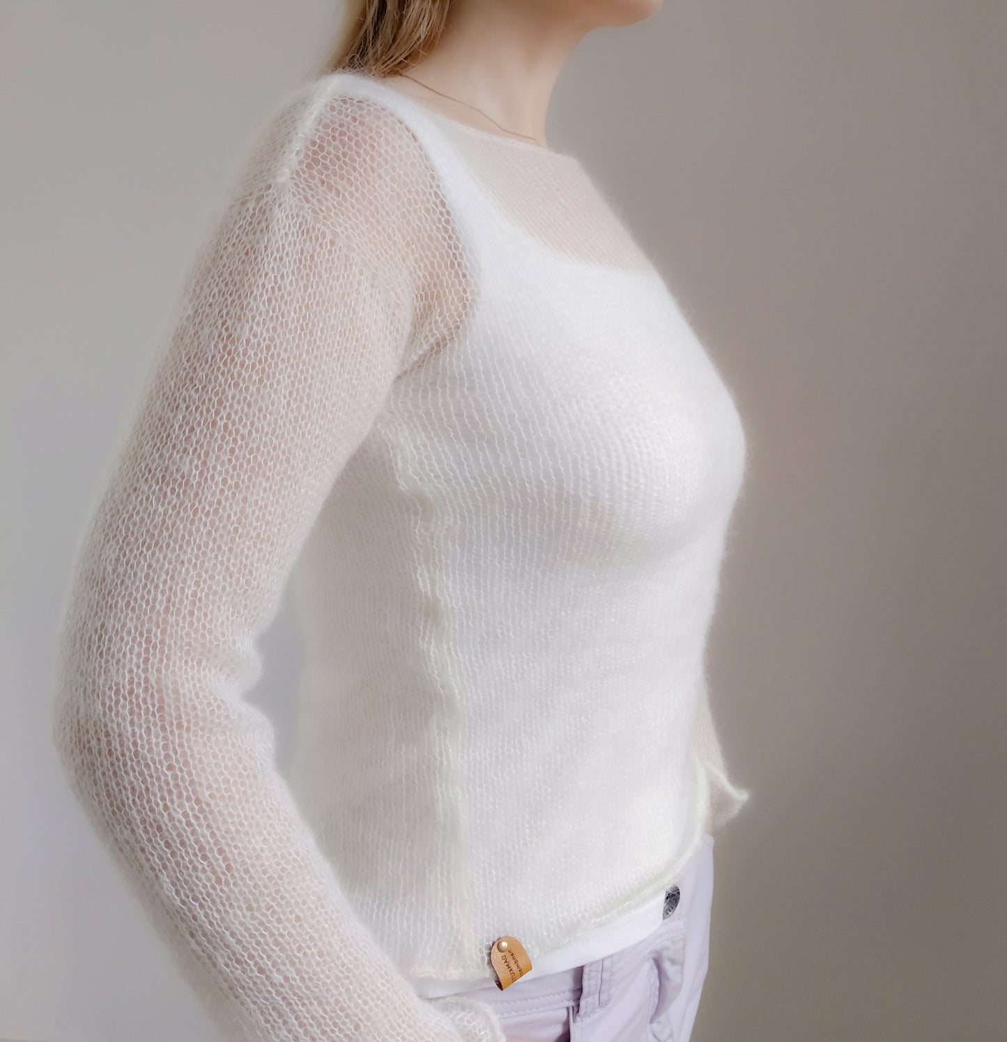 Made To Order White Mohair Silk Sweater: Fitted Lightweight Knit Top XS-S-M