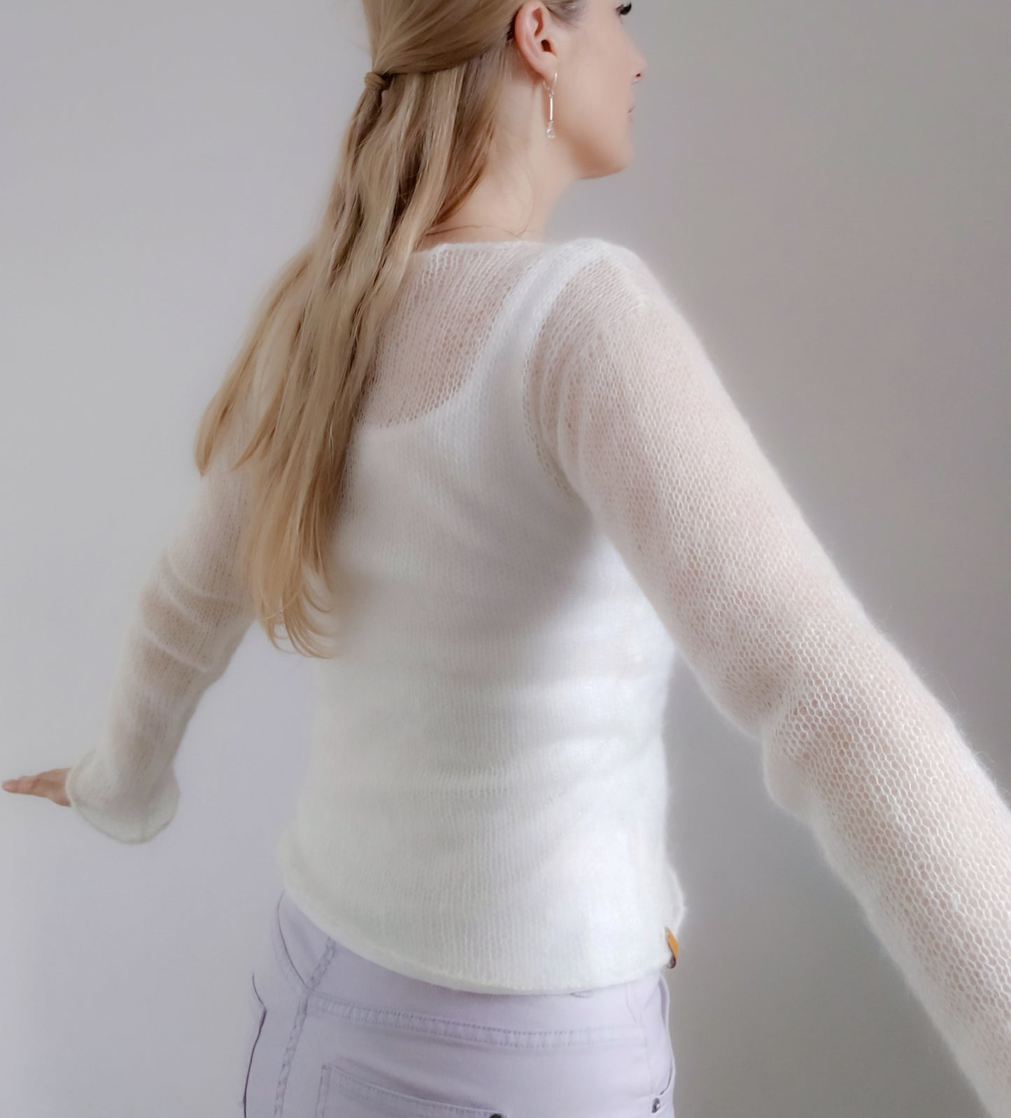 Made To Order White Mohair Silk Sweater: Fitted Lightweight Knit Top XS-S-M