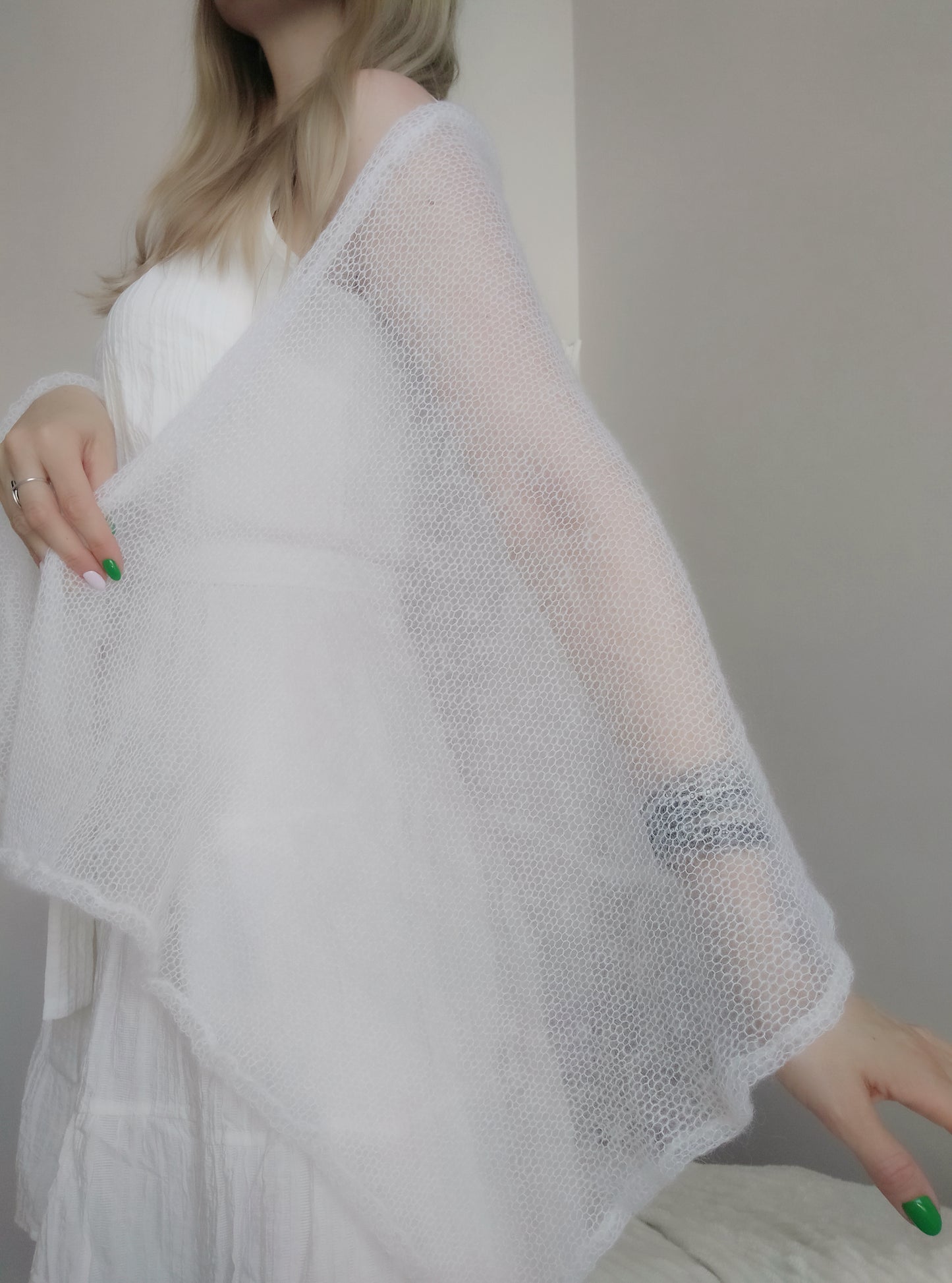 Made To Order Off White Shawl:  Soft Wrap From Mohair and Silk Yarn