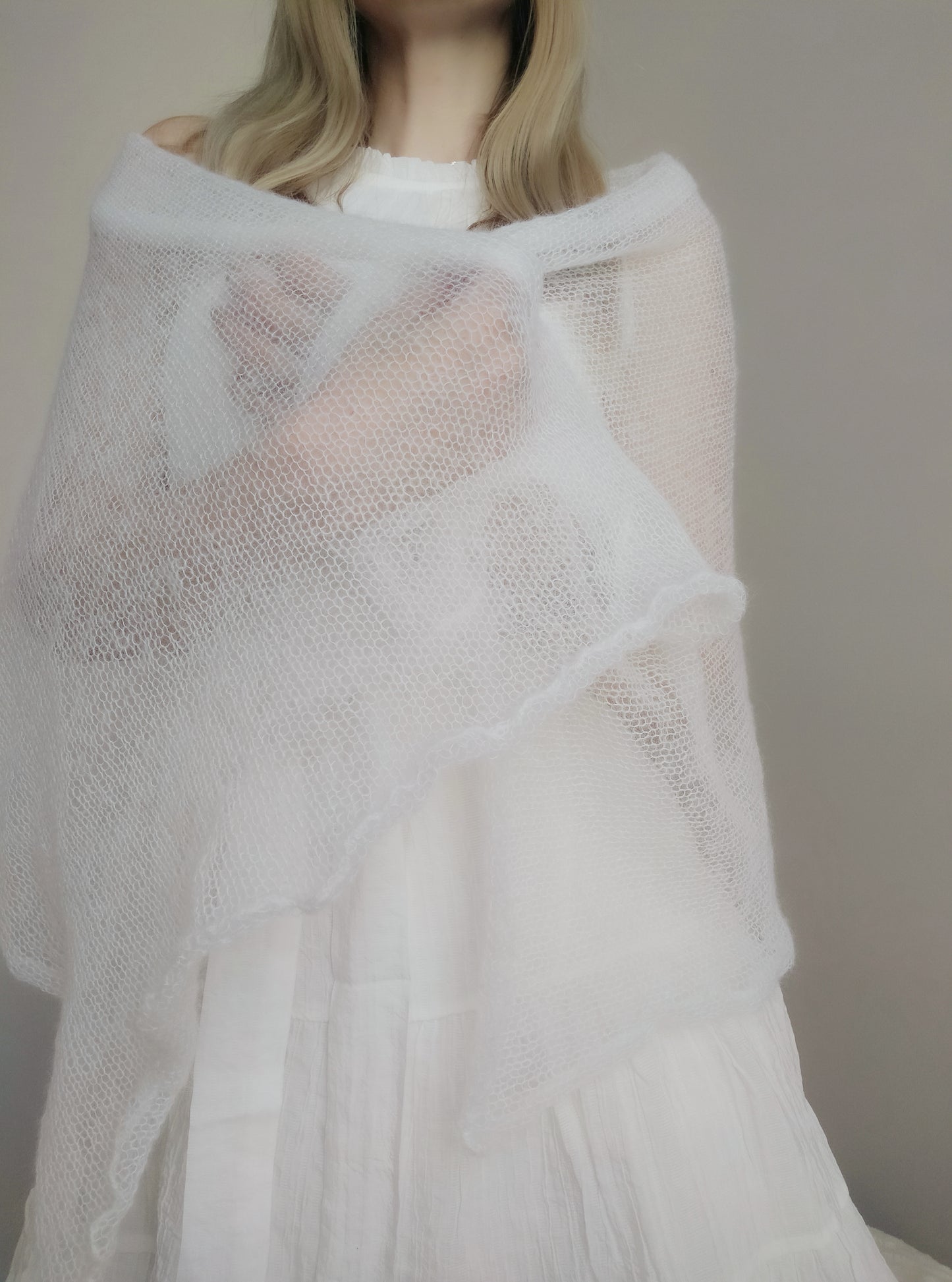 Made To Order Off White Shawl:  Soft Wrap From Mohair and Silk Yarn