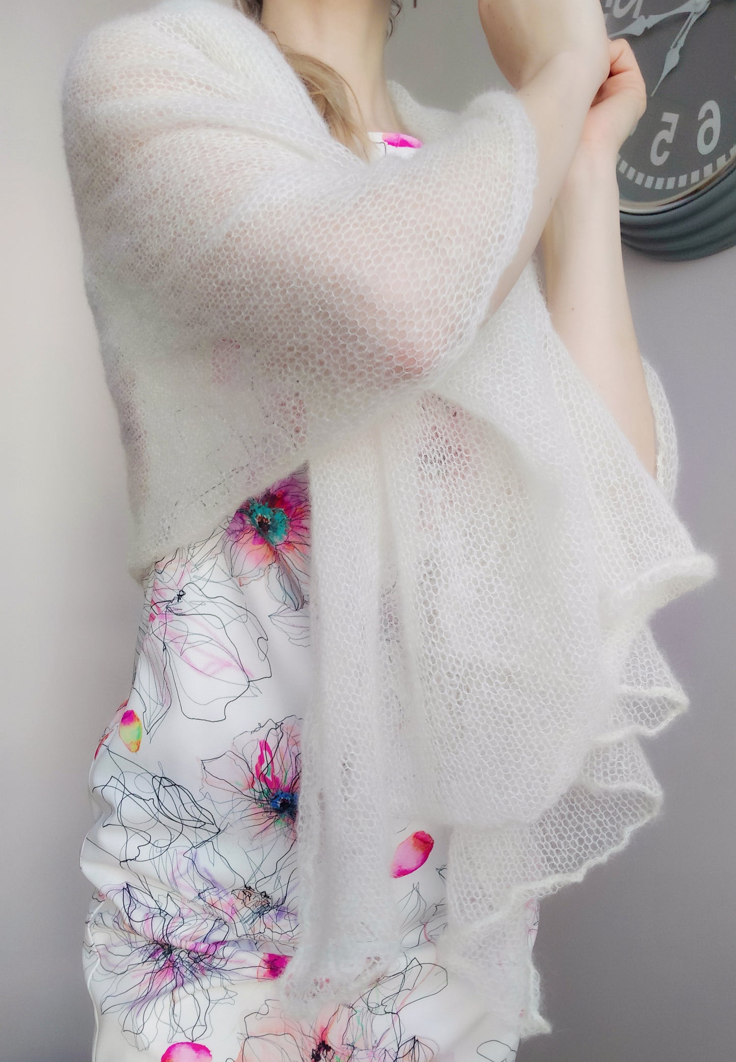 Made To Order Off White Shawl:  Soft Wrap From Mohair and Silk Yarn