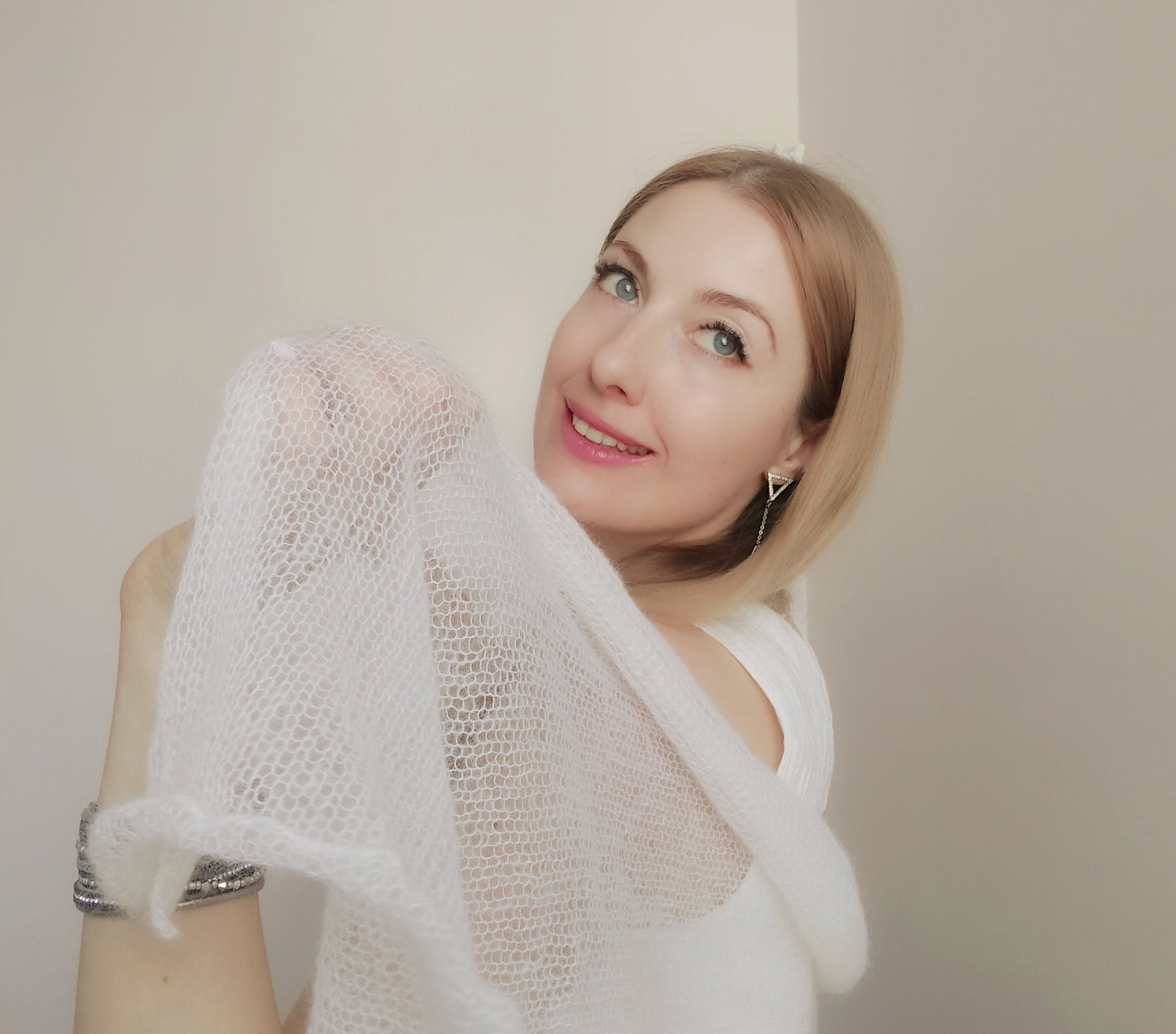 Made To Order Off White Shawl:  Soft Wrap From Mohair and Silk Yarn