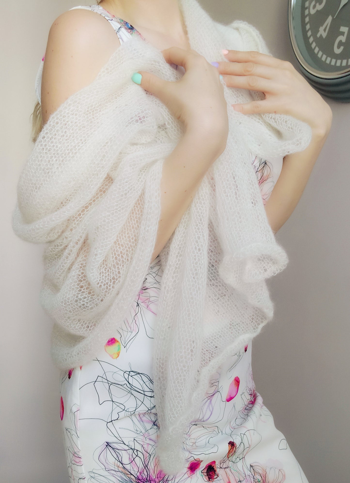 Made To Order Off White Shawl:  Soft Wrap From Mohair and Silk Yarn