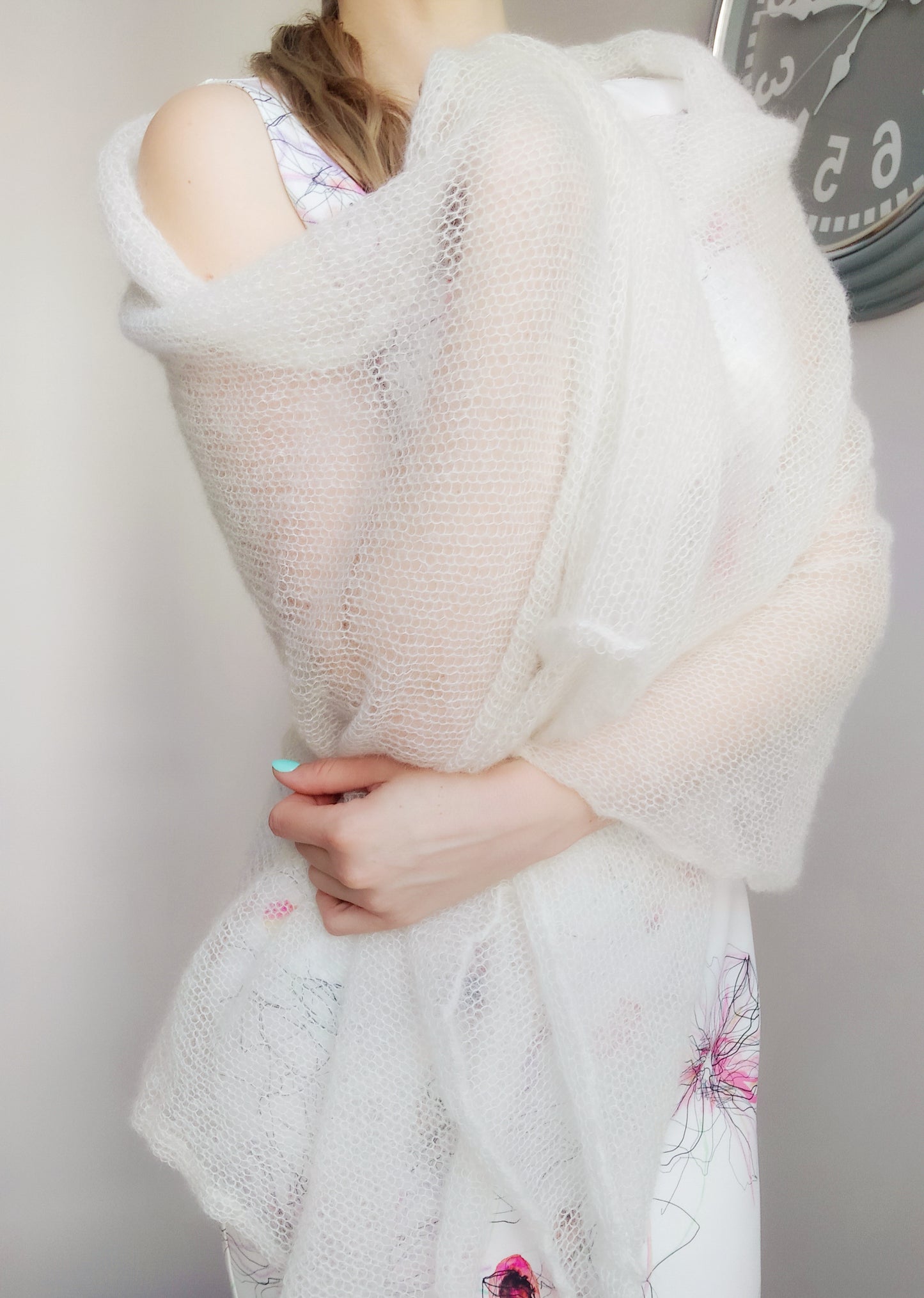 Made To Order Off White Shawl:  Soft Wrap From Mohair and Silk Yarn