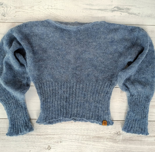 Blue Wind Grey Mohair Silk Sweater: Ribbed Waist Balloon Sleeve Knit