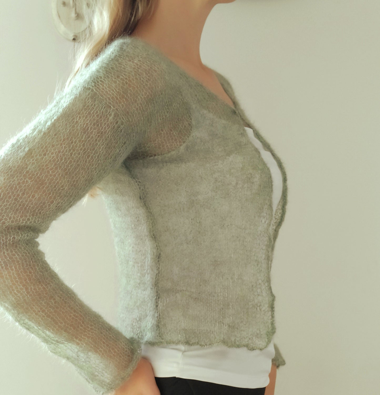 Made To Order Sage Green Mohair Silk Cardigan: Lightweight Knit Shrug, XS-S-M