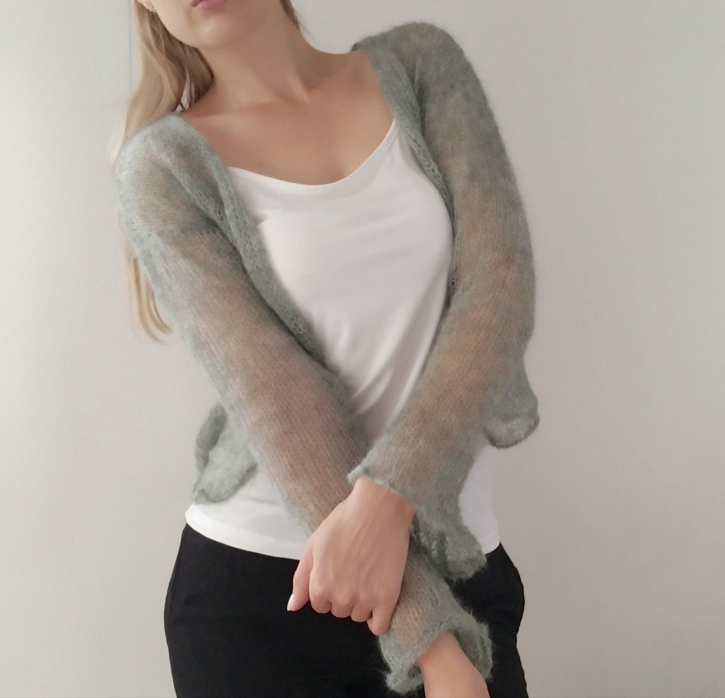 Made To Order Sage Green Mohair Silk Cardigan: Lightweight Knit Shrug, XS-S-M