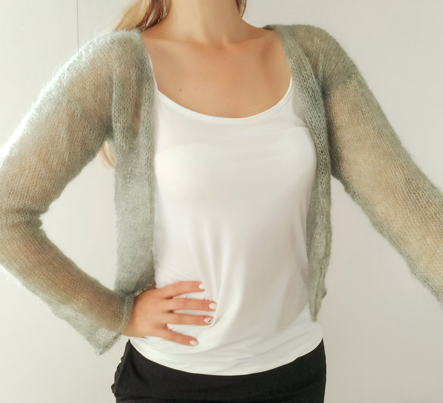 Made To Order Sage Green Mohair Silk Cardigan: Lightweight Knit Shrug, XS-S-M