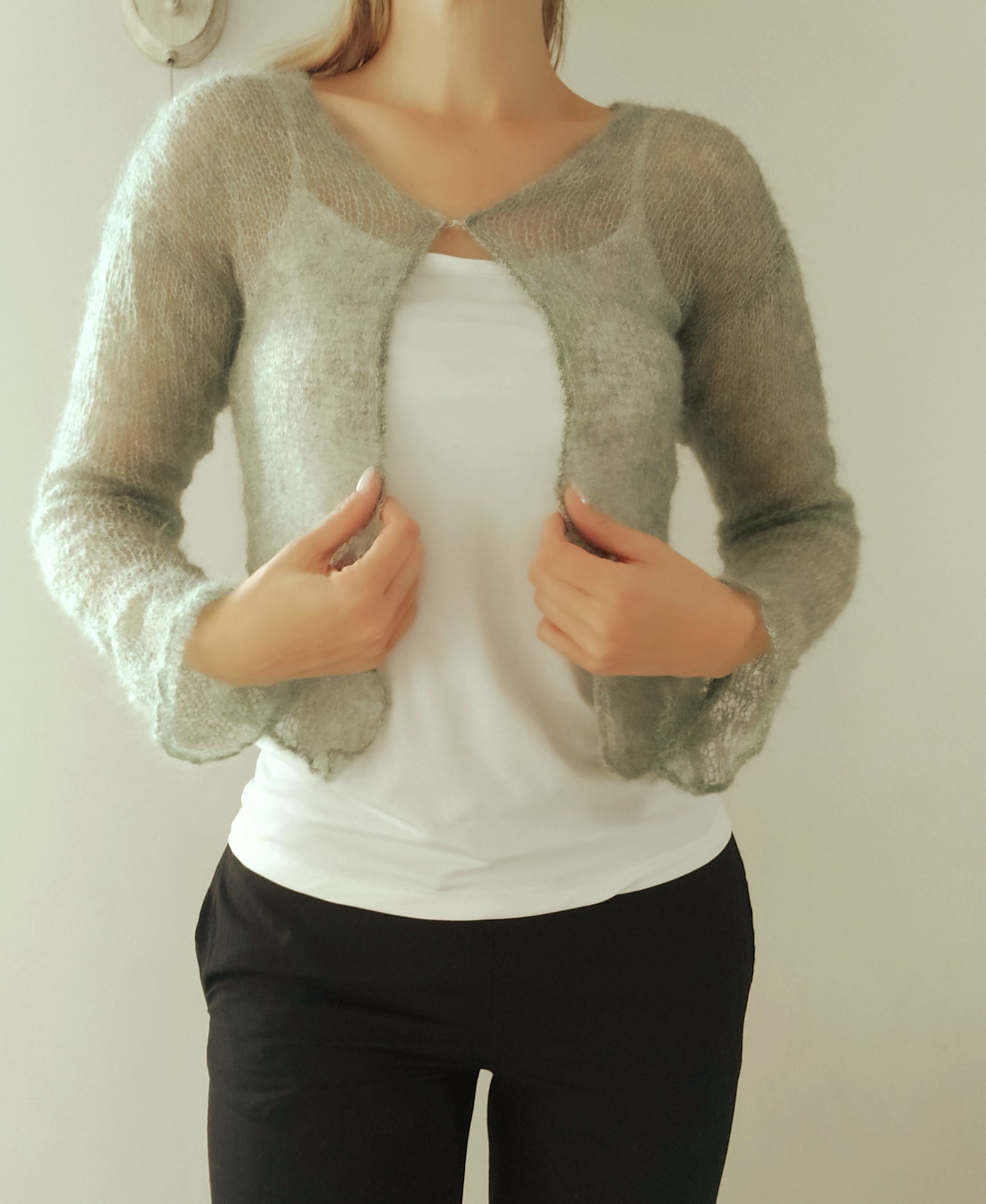 Made To Order Sage Green Mohair Silk Cardigan: Lightweight Knit Shrug, XS-S-M