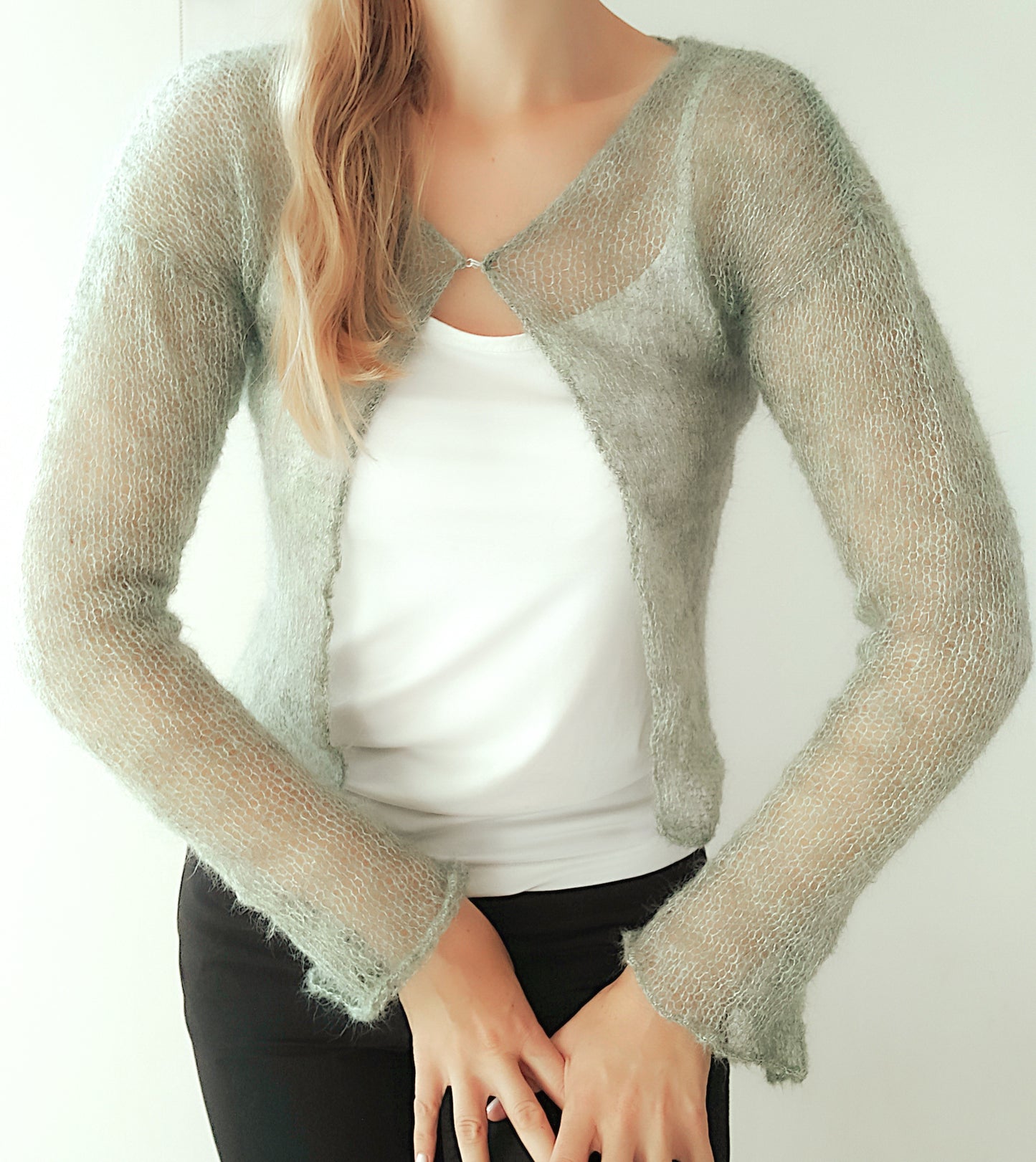 Made To Order Sage Green Mohair Silk Cardigan: Lightweight Knit Shrug, XS-S-M