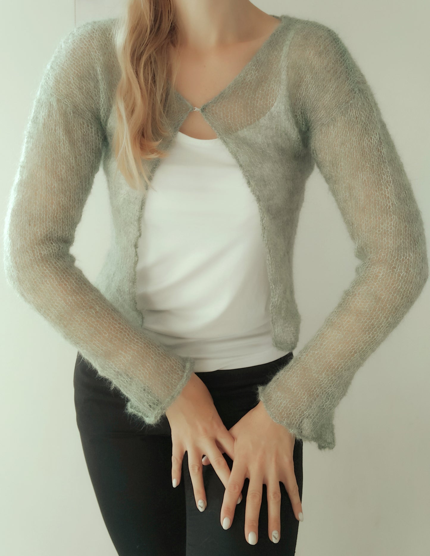 Made To Order Sage Green Mohair Silk Cardigan: Lightweight Knit Shrug, XS-S-M