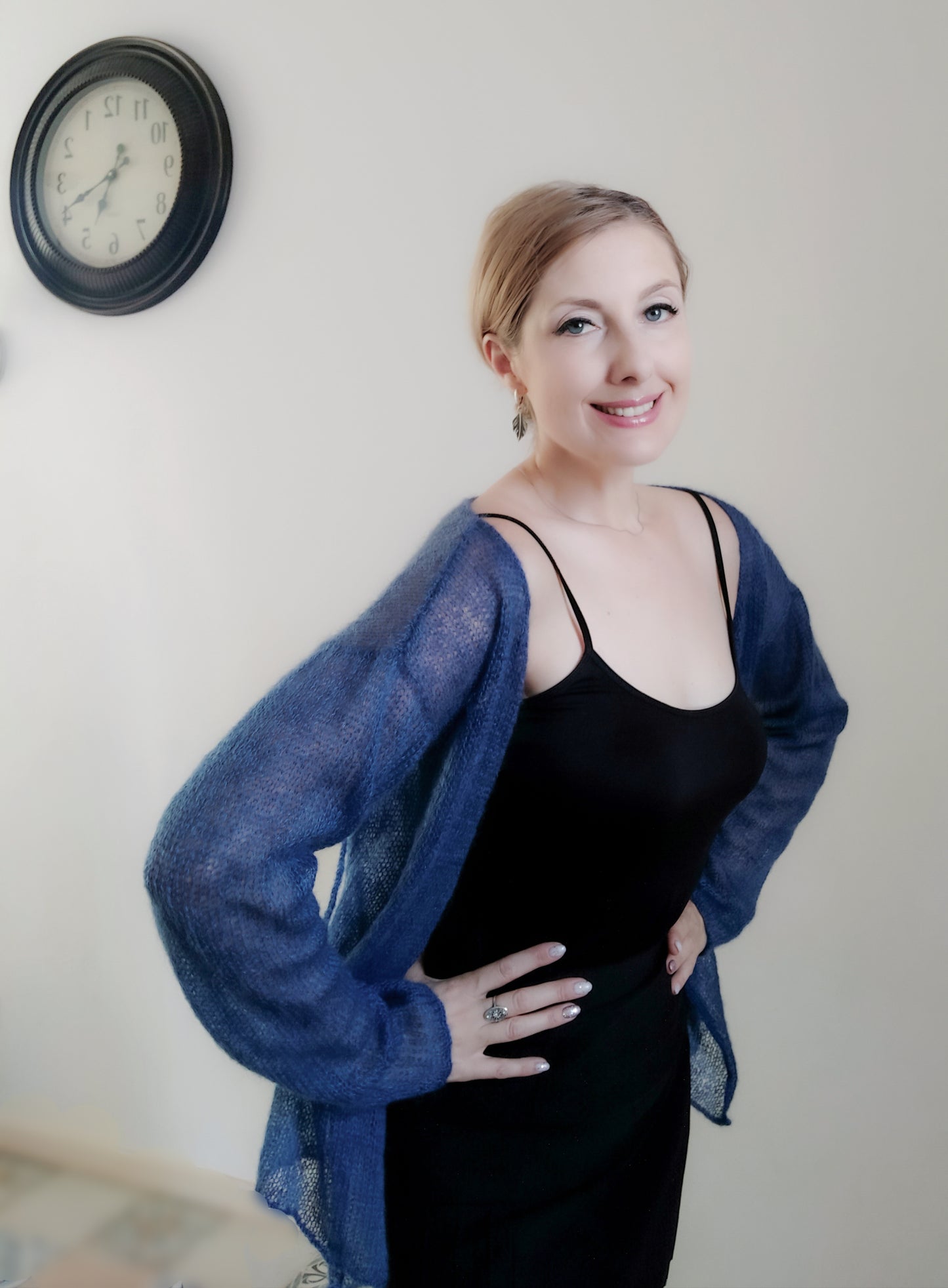 Exceptionally Lightweight And Soft Tie Side Navy Blue Mohair Silk Cardigan