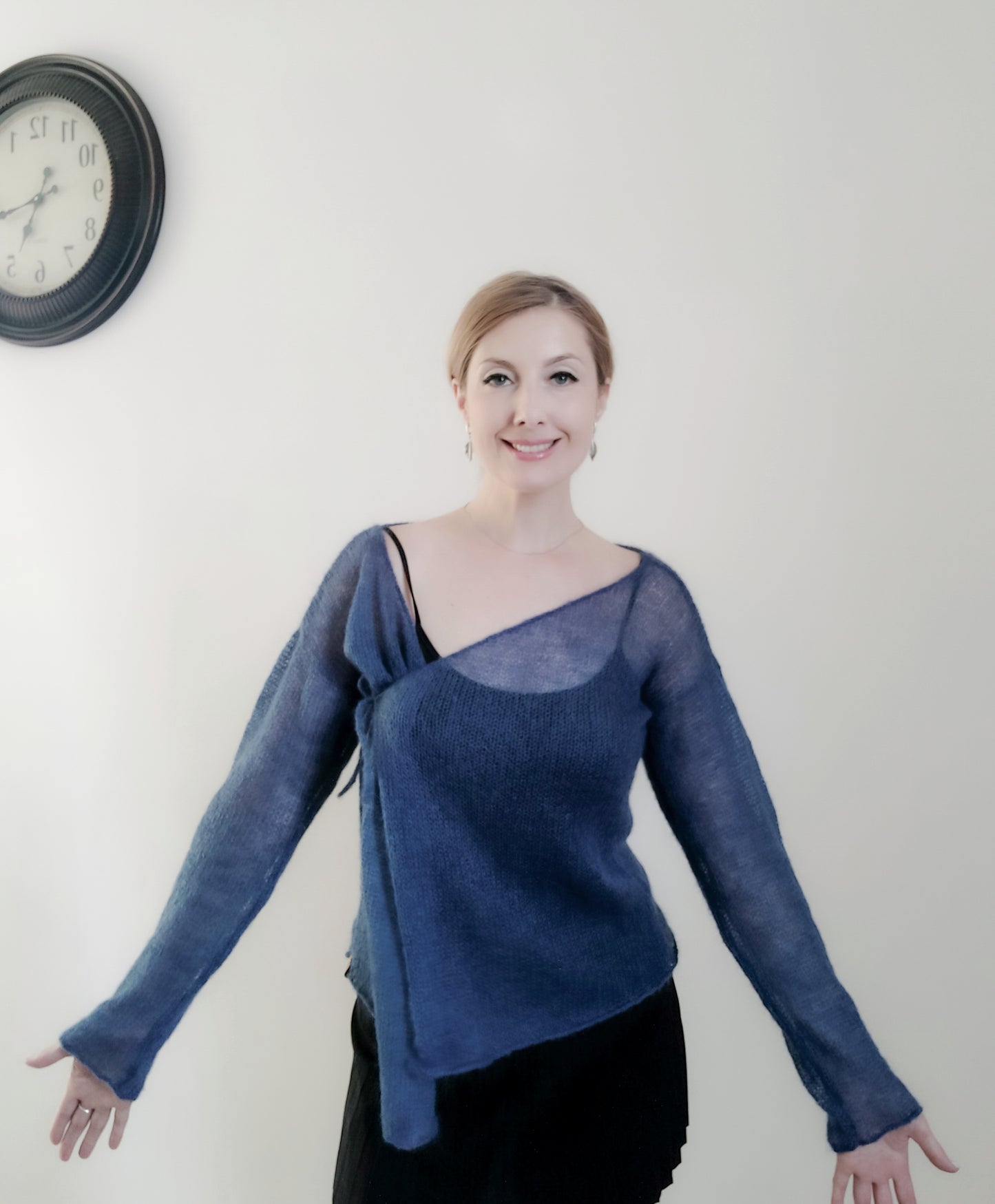 Exceptionally Lightweight And Soft Tie Side Navy Blue Mohair Silk Cardigan