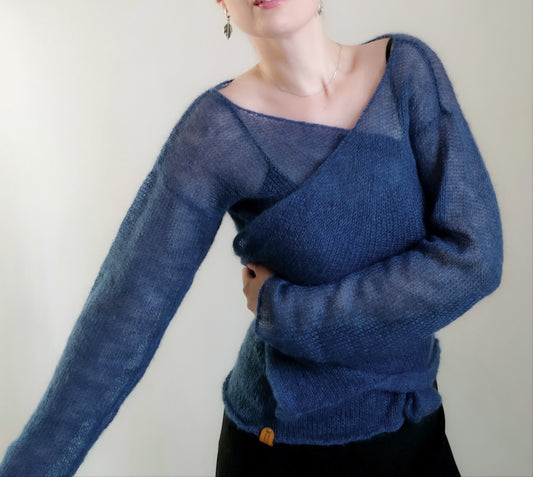 Exceptionally Lightweight And Soft Tie Side Navy Blue Mohair Silk Cardigan