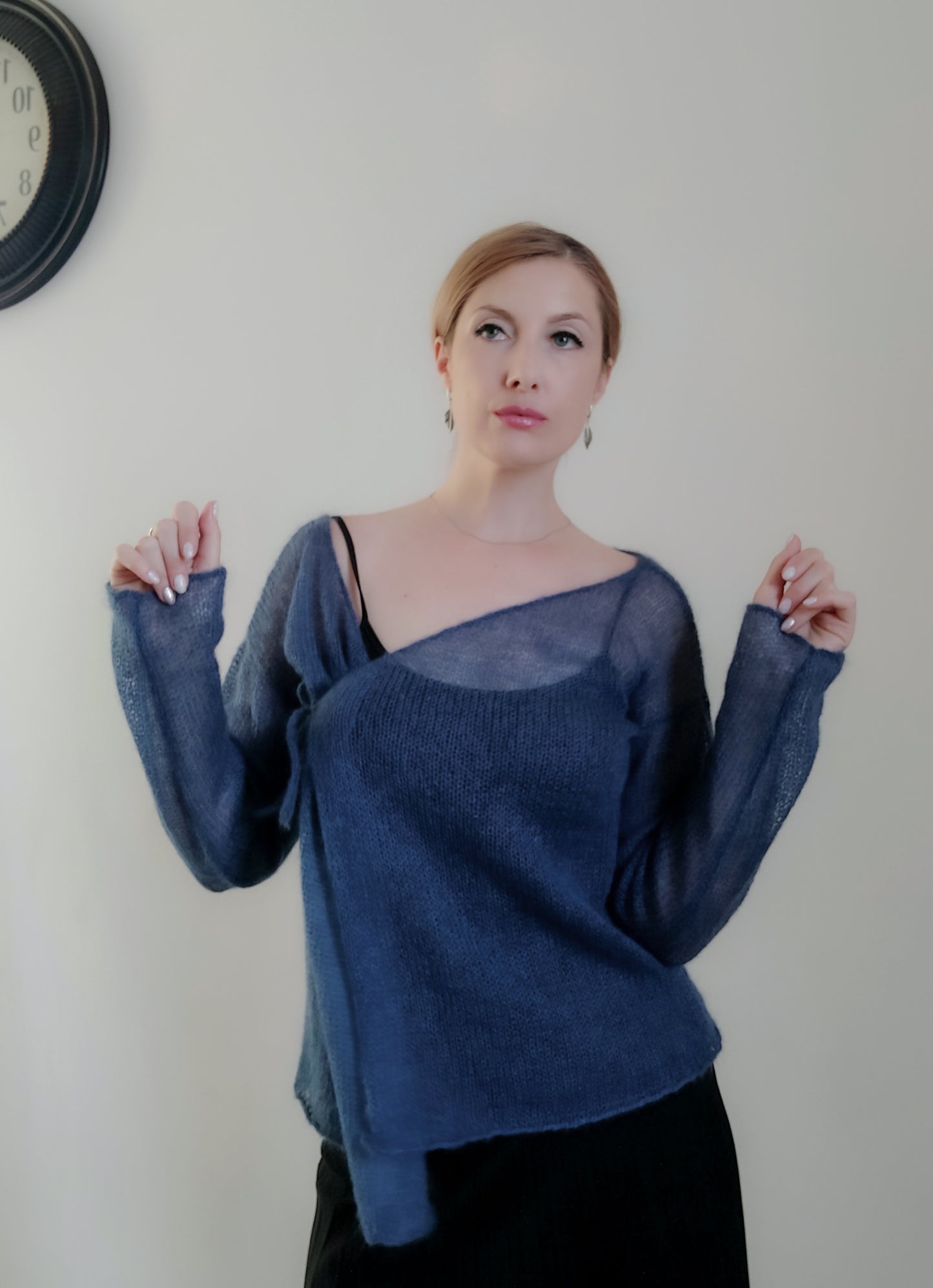 Exceptionally Lightweight And Soft Tie Side Navy Blue Mohair Silk Cardigan