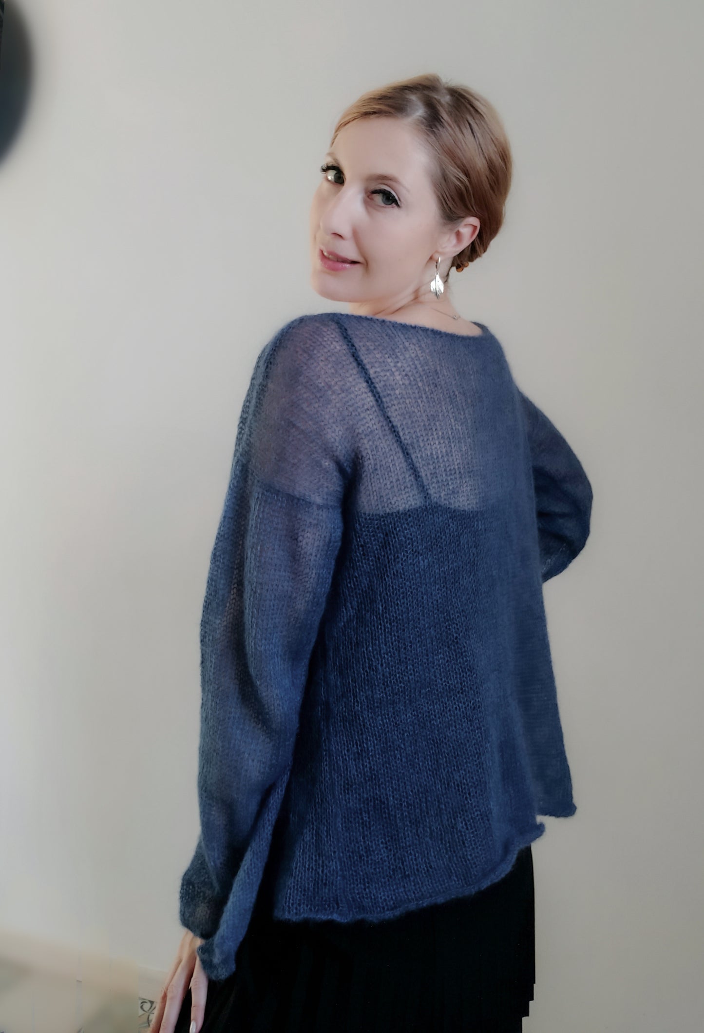 Exceptionally Lightweight And Soft Tie Side Navy Blue Mohair Silk Cardigan