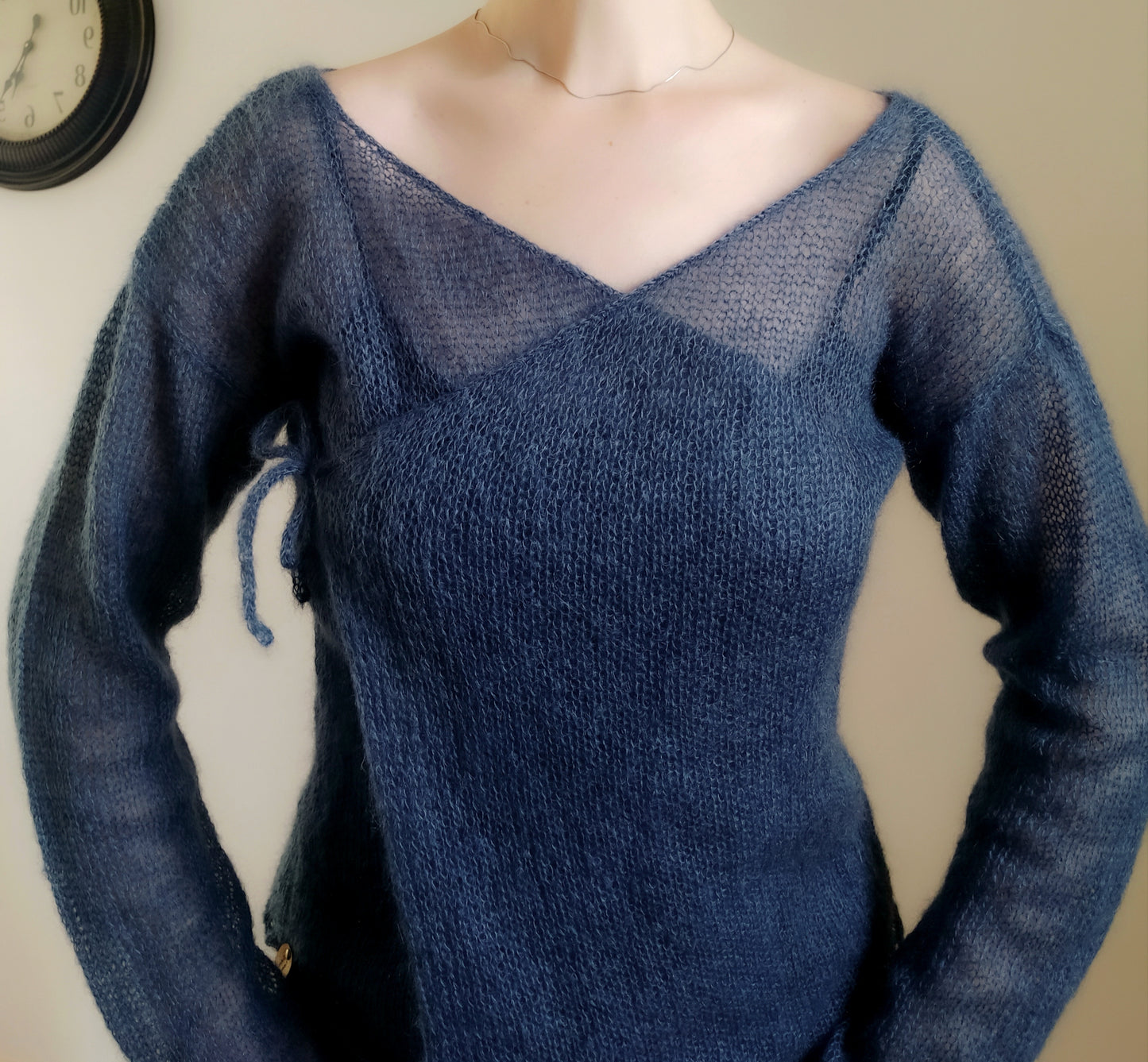 Exceptionally Lightweight And Soft Tie Side Navy Blue Mohair Silk Cardigan