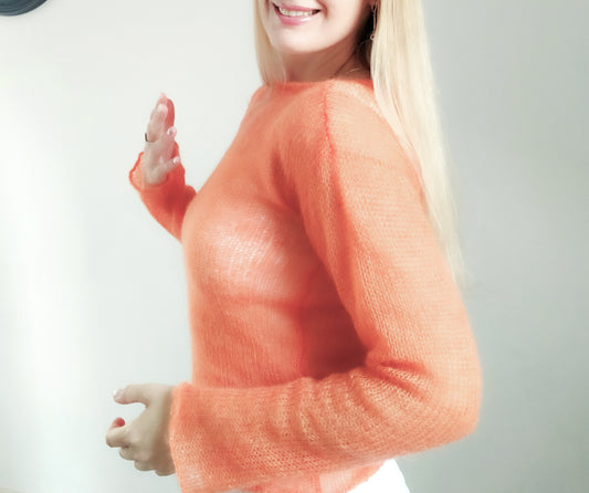 Orange Mohair Silk Sweater: Lightweight Fitted Knit Top XS-S-M