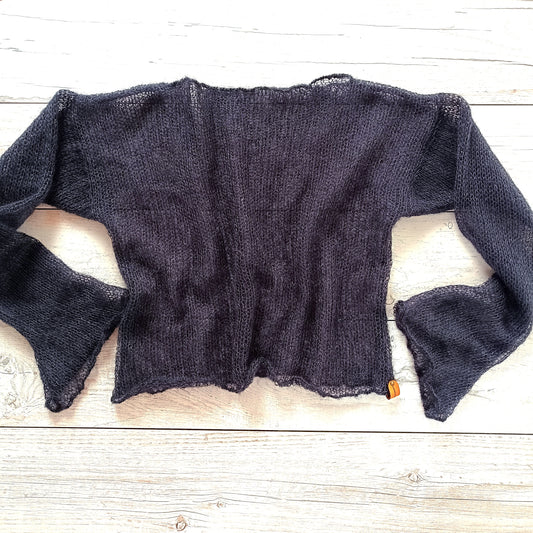 Made to Order Mohair Silk Blend Sweater: Black Lightweight Bell Sleeve Knit XS-S-M