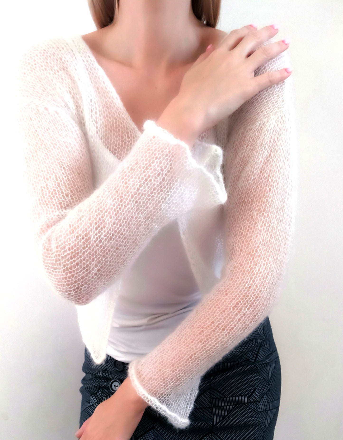 White Transparent Mohair Silk Cardigan: Lightweight Knit XS-S-M
