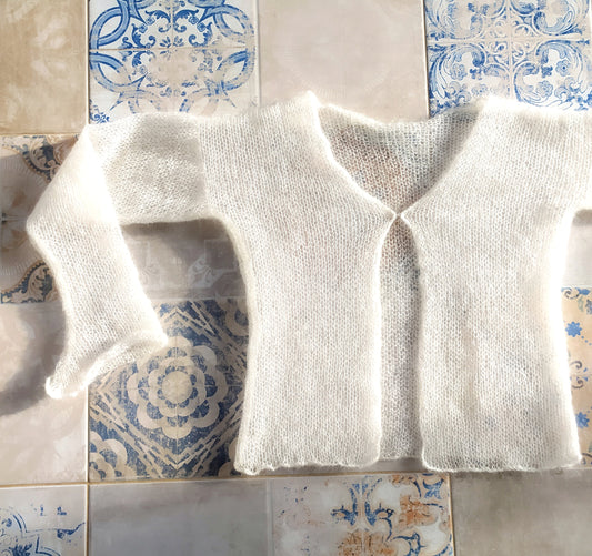 White Transparent Mohair Silk Cardigan: Lightweight Knit XS-S-M