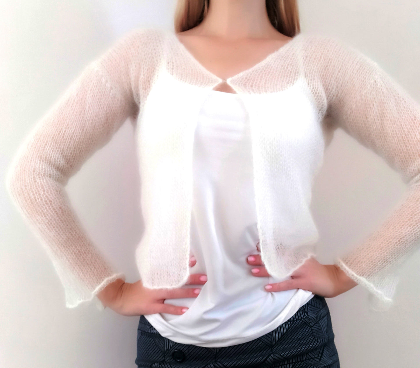 White Transparent Mohair Silk Cardigan: Lightweight Knit XS-S-M