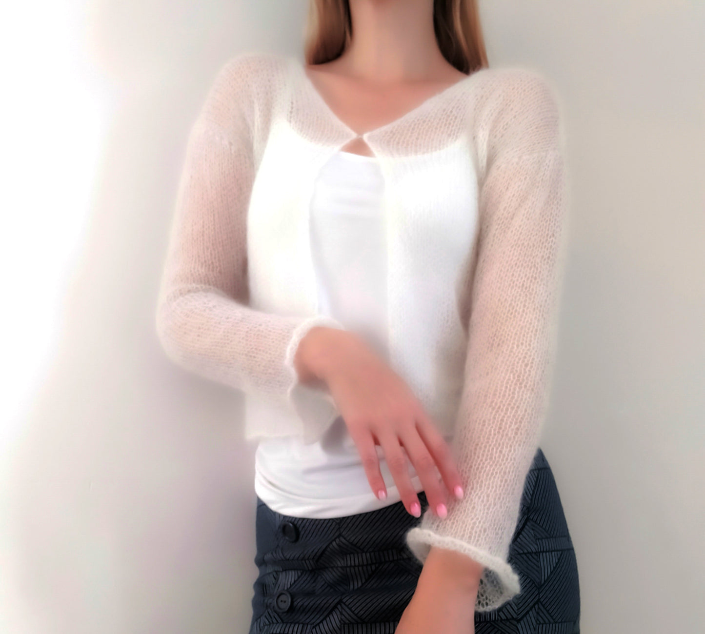 White Transparent Mohair Silk Cardigan: Lightweight Knit XS-S-M