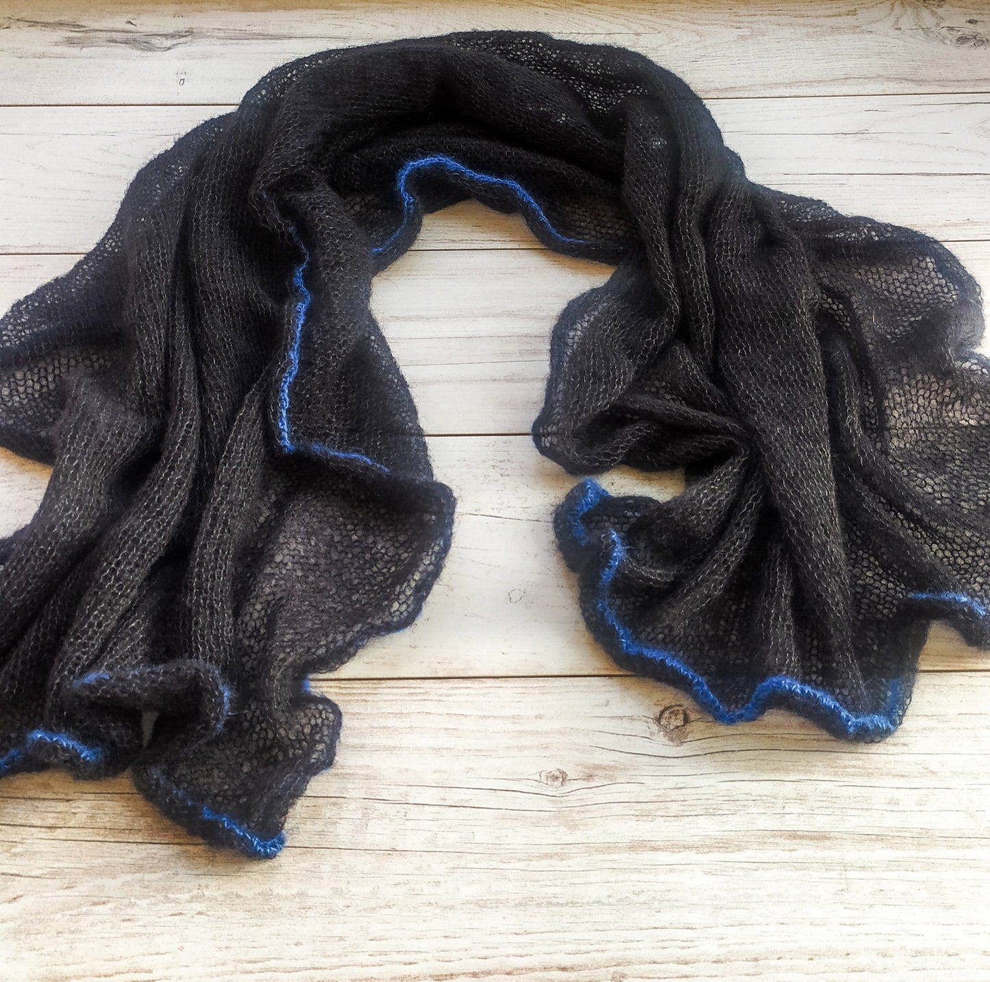 Made to Order Black Mohair Scarf: Elegant Blue Edge Shawl