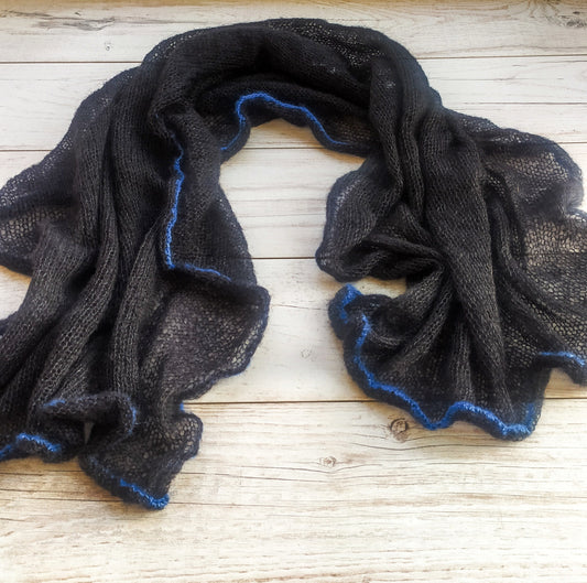 Made to Order Black Mohair Scarf: Elegant Blue Edge Shawl
