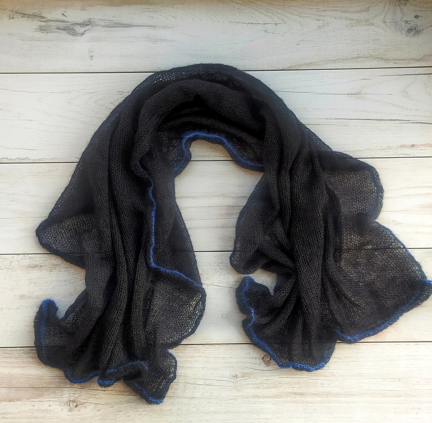 Made to Order Black Mohair Scarf: Elegant Blue Edge Shawl