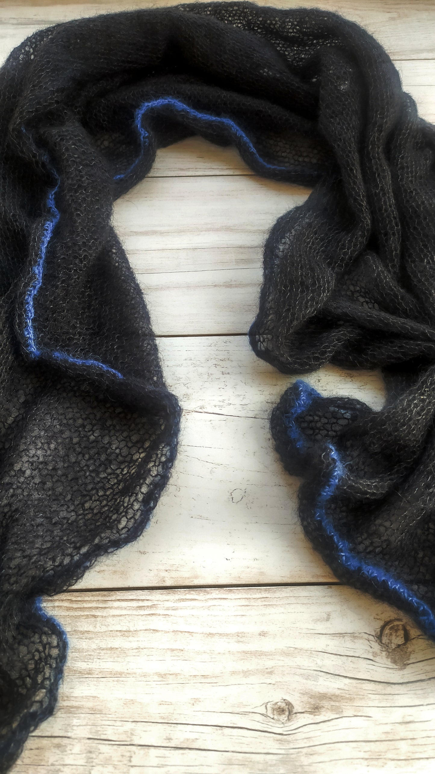 Made to Order Black Mohair Scarf: Elegant Blue Edge Shawl