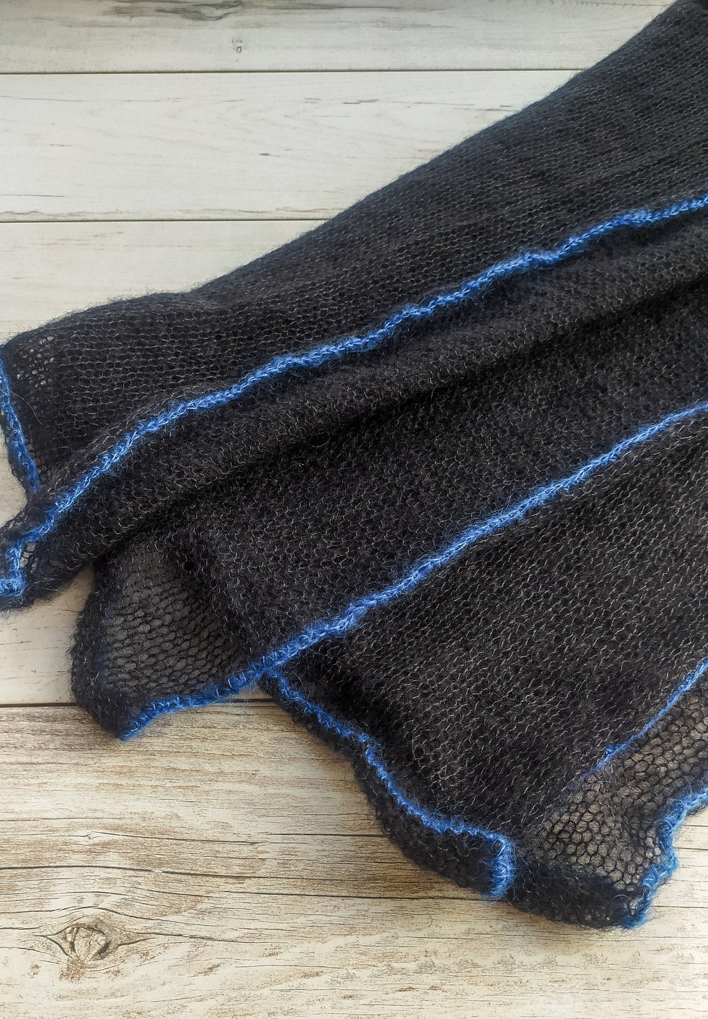 Made to Order Black Mohair Scarf: Elegant Blue Edge Shawl