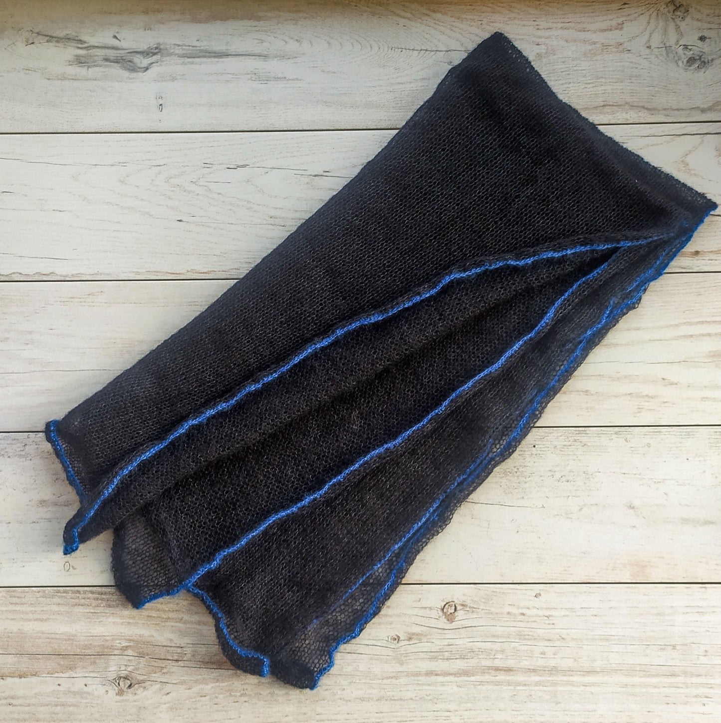 Made to Order Black Mohair Scarf: Elegant Blue Edge Shawl