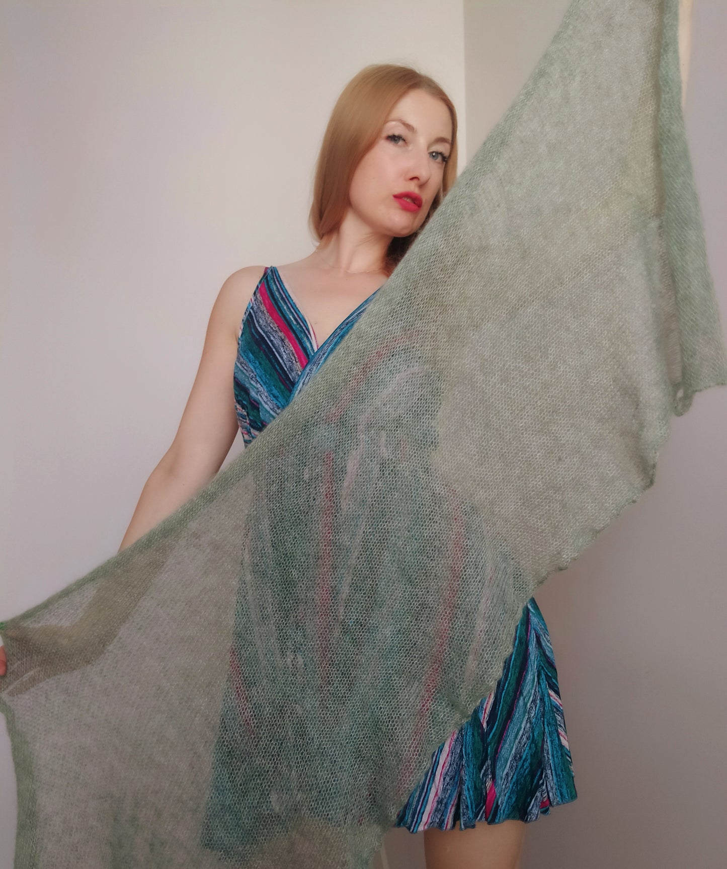 Sage Green Mohair Silk Shawl: Lightweight Elegant Wrap