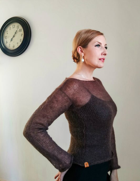 Made To Order Dark Brown Mohair Silk Sweater: Fitted Lightweight Knit Top