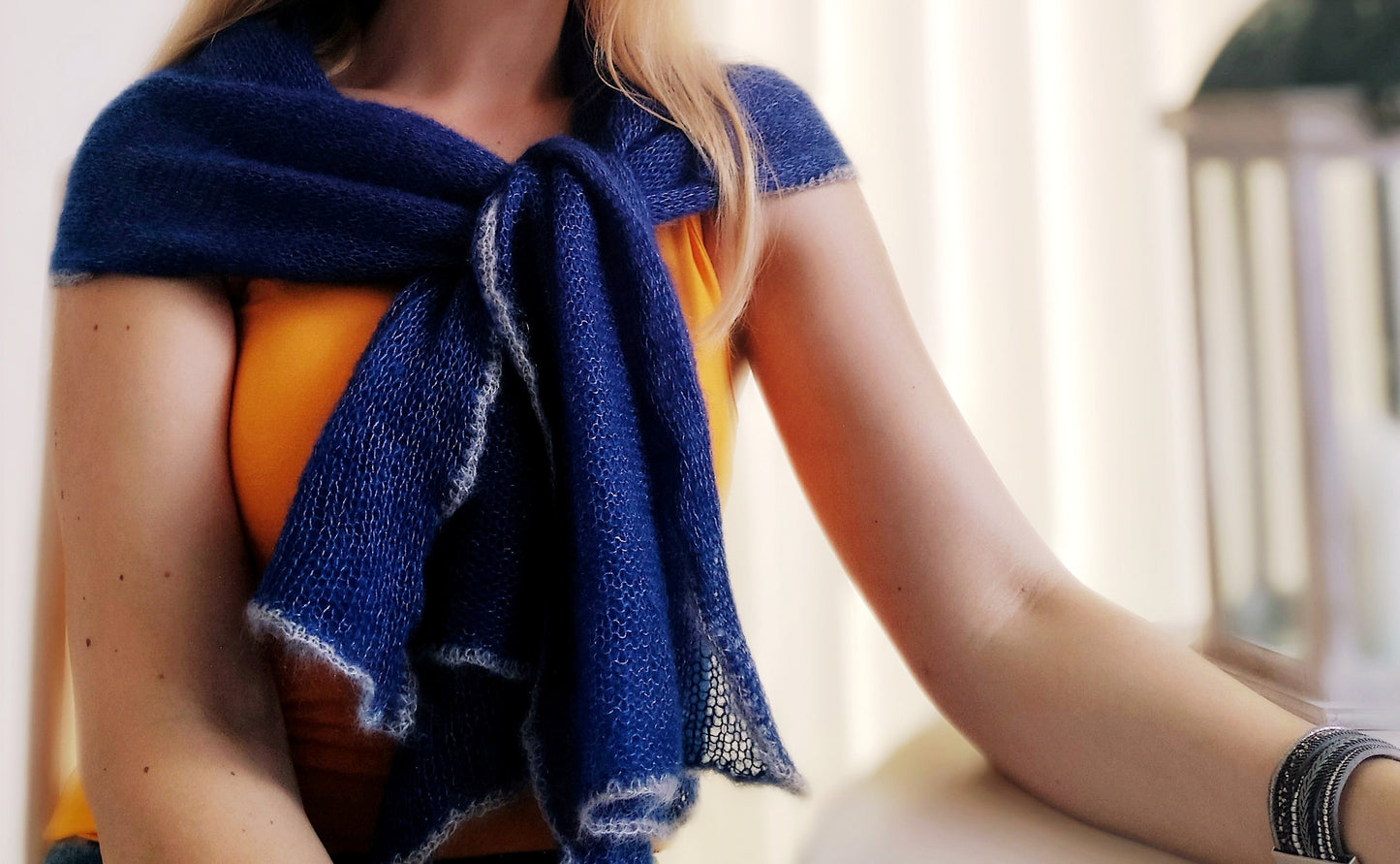 Blue Mohair Short Shawl: Lightweight, Non-Itchy, Gray Edge